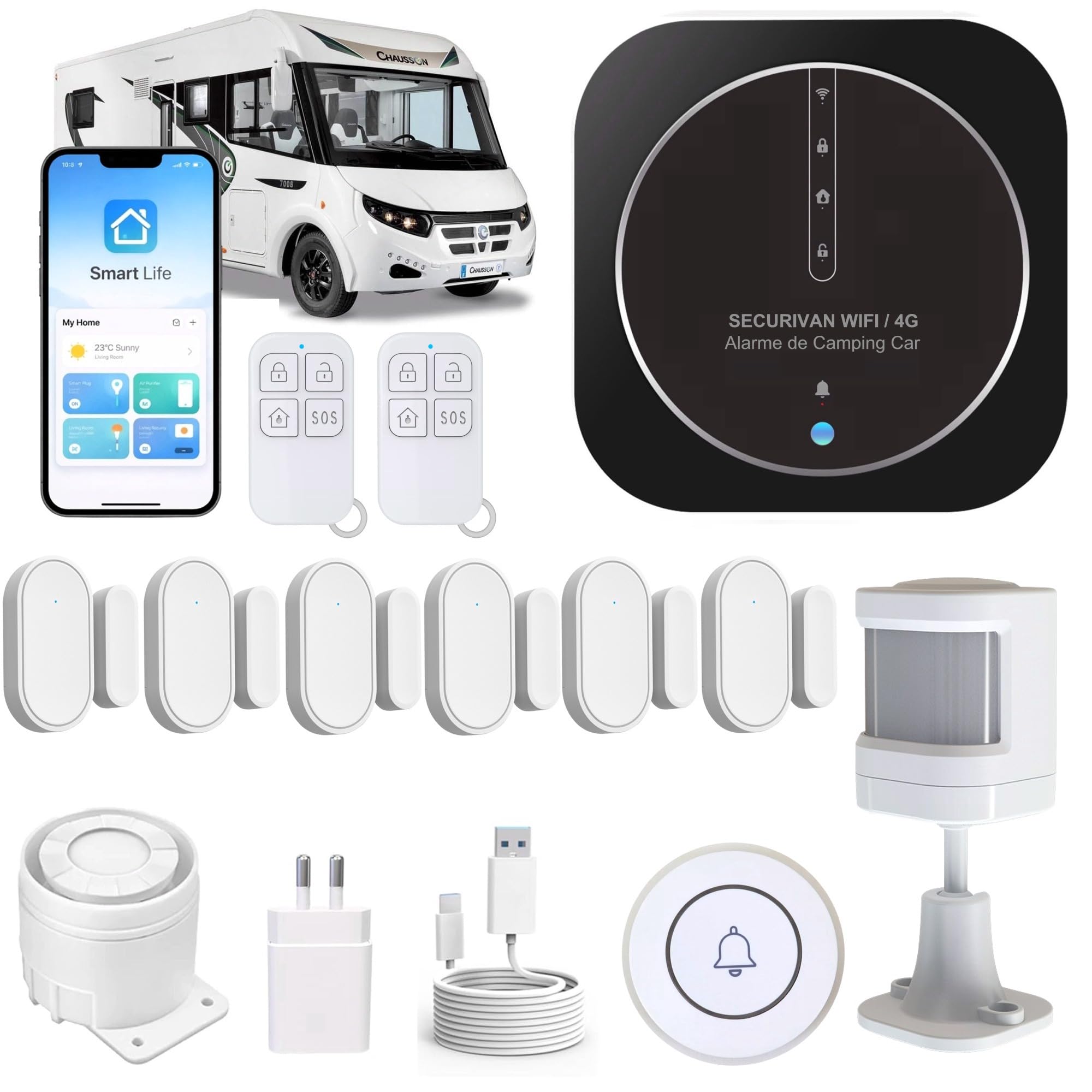 Alarme de Camping Car – WIFI/4G – Surveillance 24h/24h – Alerte sur téléphone - 2 Sirènes – Basse consommation – Adapté aux cloison Alu/Polyeste - Pas de Fausse Alarme – Expédiée programmée –