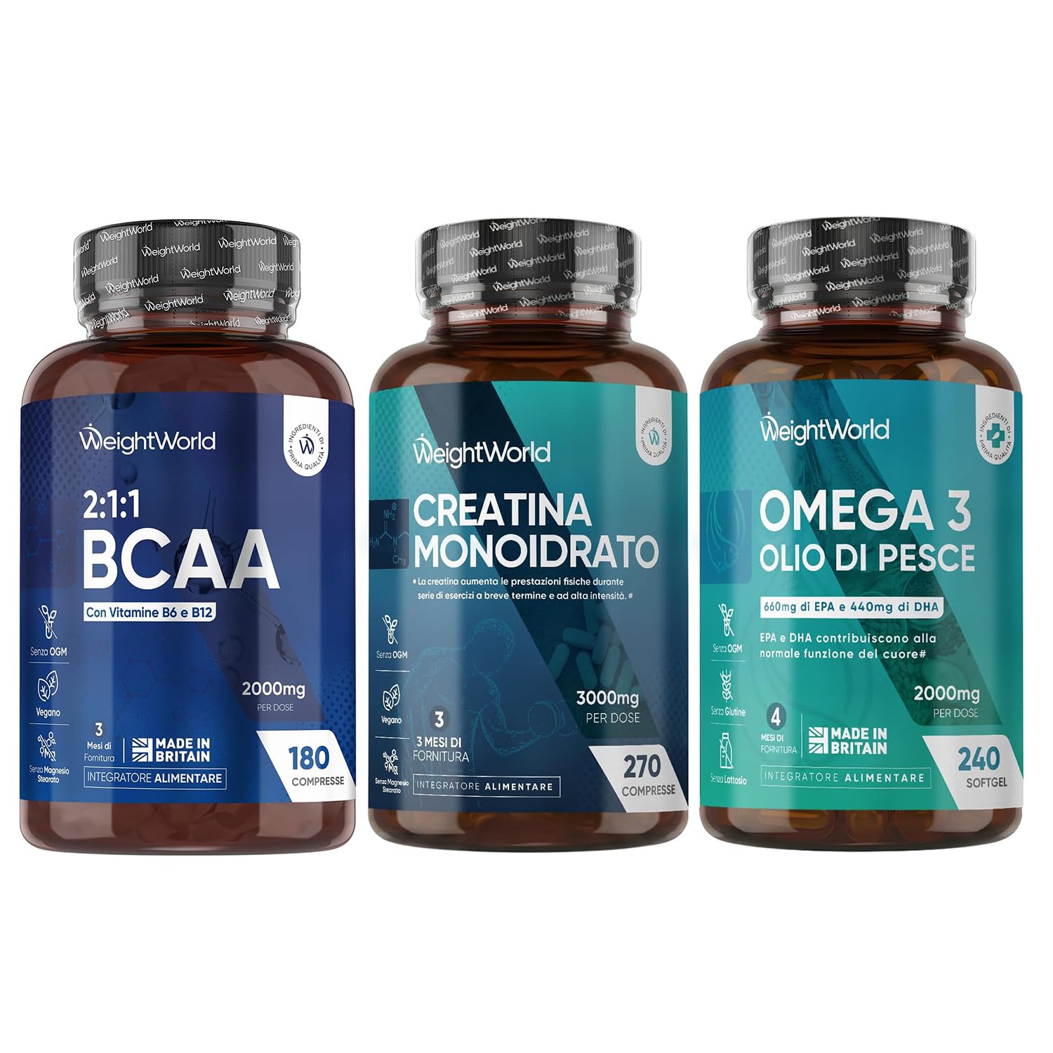 Creatina Monoidrata, BCAA 2:1:1, Omega 3 Olio di Pesce, Bundle, 240 Softgel + 270 Compresse + 180 Compresse, Omega 3 2000mg con EPA e DHA, Creatina Monoidrato 3000mg, Aminoacidi Ramificati 2000mg