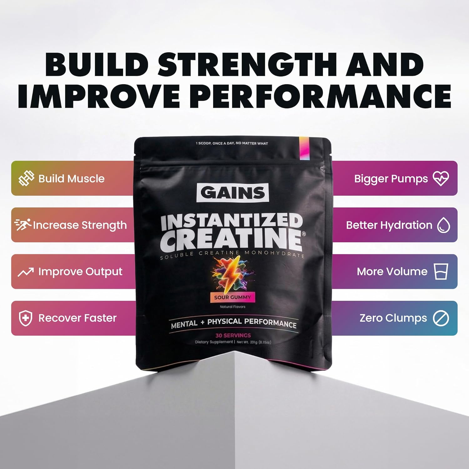 Gains in Bulk Instantized Creatine Monohydrate for Men & Women, Soluble Pre Workout Powder, Supports Muscle Building, Strength and Performance, Bodybuilding Supplements, Sour Gummy, 30 Servings