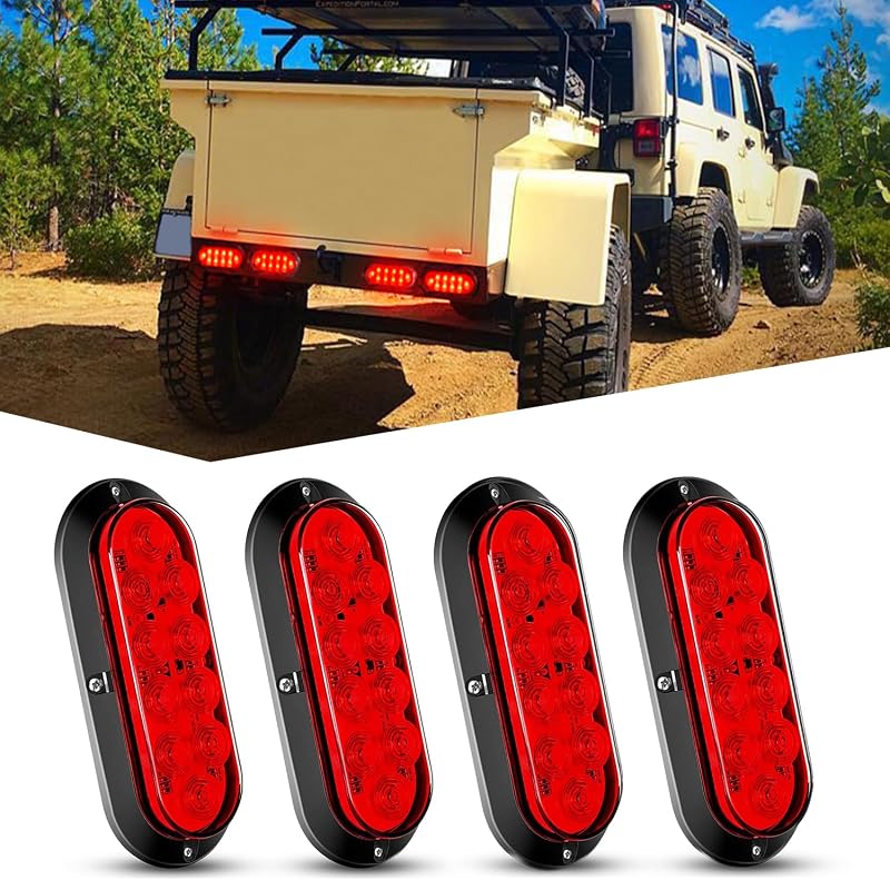Luces traseras de remolque NILIGHT 4 UNIDADES Luz LED de freno de 6 pulgadas, haz rojo | 10 LED, oval, IP67 impermeable, montaje en superficie, para camión RV Autobús Autobús Camioneta Camper Caravana, TL-175
