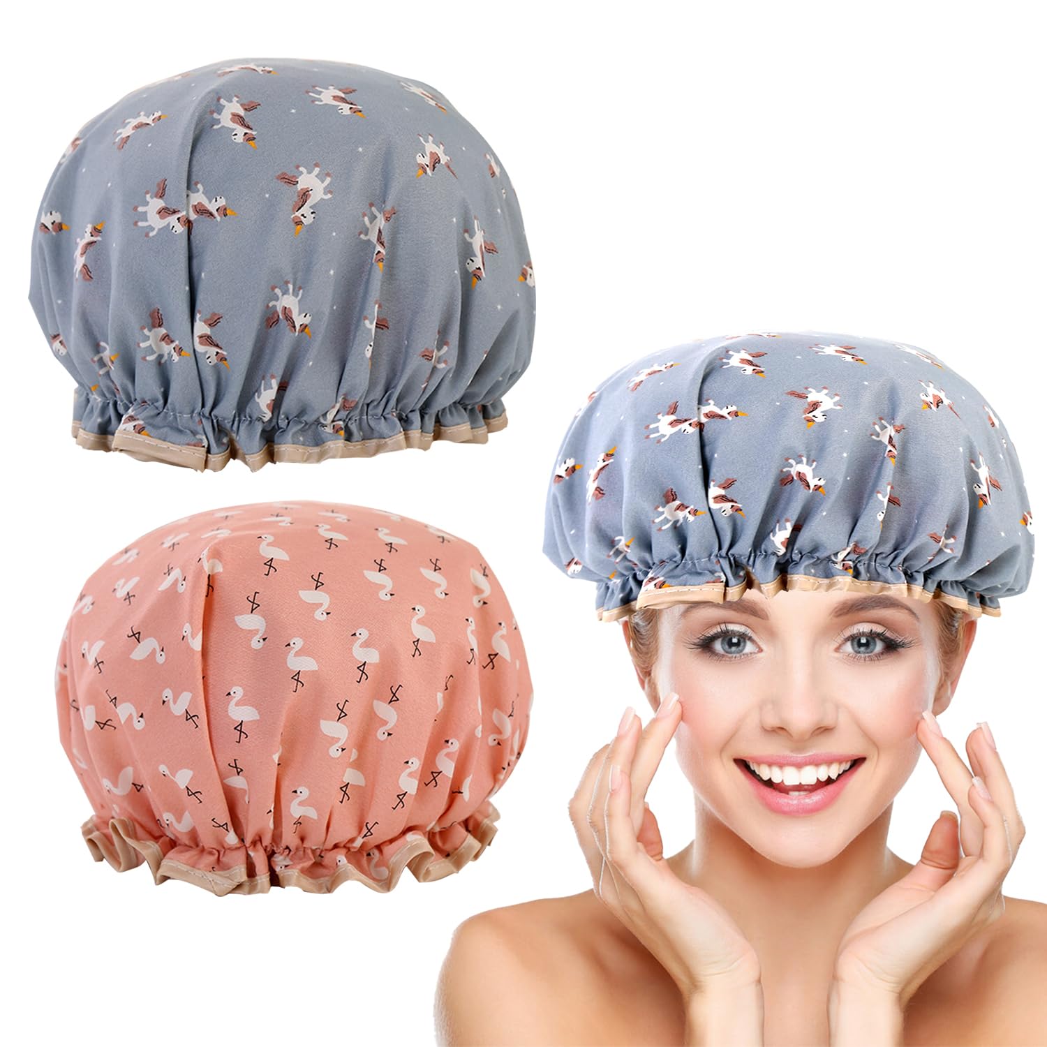 Gorro de Ducha, Pack de 2 Gorros de Ducha con Banda Elástica, Gorro de Ducha Impermeable de Doble Capa, Gorro de Ducha de Doble Capa Para Hombres Y Mujeres, Gorro de Ducha Reutilizable Para Bañarse