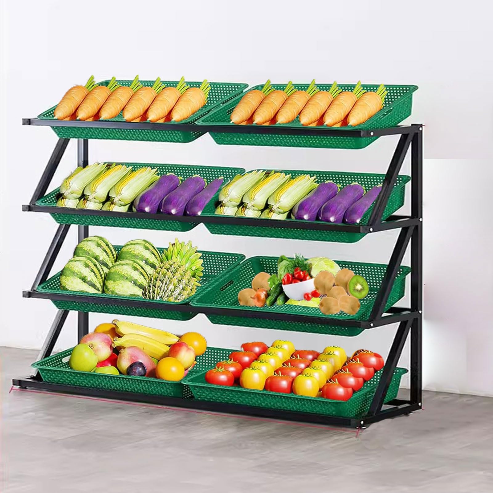 Generisch Grünes Supermarktregal mit 4 Ebenen, Obst- und Gemüsekorbständer für Küche, Büro, Speisekammer, Snackaufbewahrung – Allzweckregal 47,2 x 13,7 x 43,3 Zoll