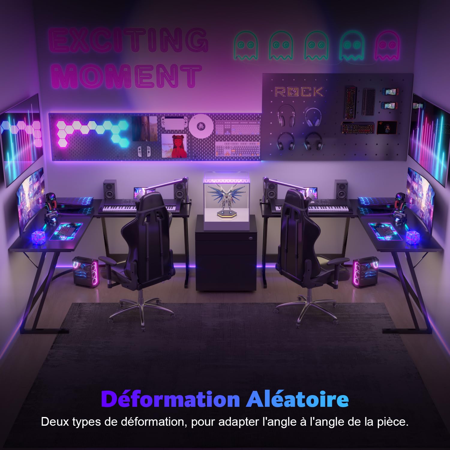 Bureau Gaming Coin Devoko 170x130cm - Support écran Réglable - Noir