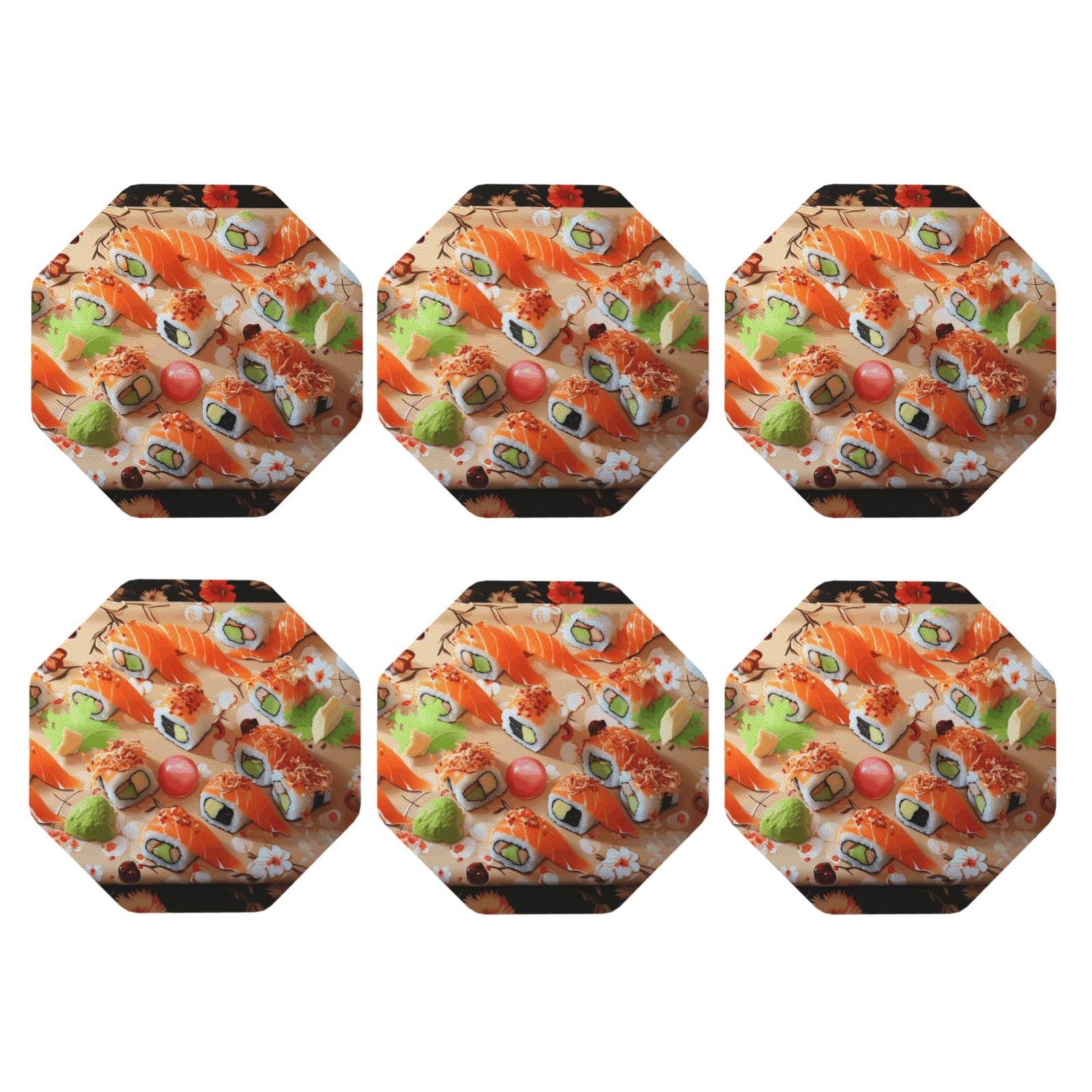 6Pcs PU Leather Coaster for Drinks, Delicious Sushi Cup Coastersr 4" Cup Mat Pad, Aesthetic Drink Coasters for Coffee Table, Octagon Coaster for Tabletop Protection