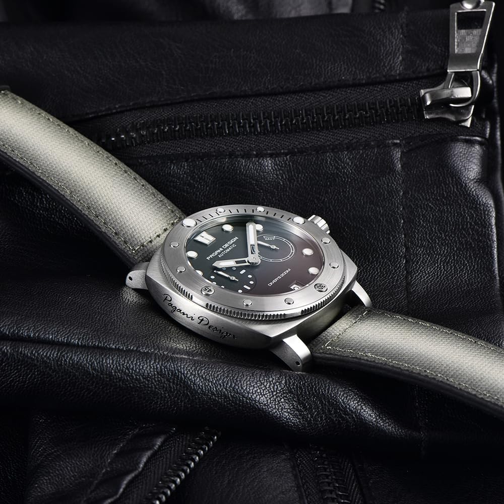 Pagani Design 1767 Reloj de Hombre automático 41MM Caja de Acero Inoxidable Espejo de Zafiro Reloj de Hombre con Cuerda automática Correa de Nylon. (Verde Claro)