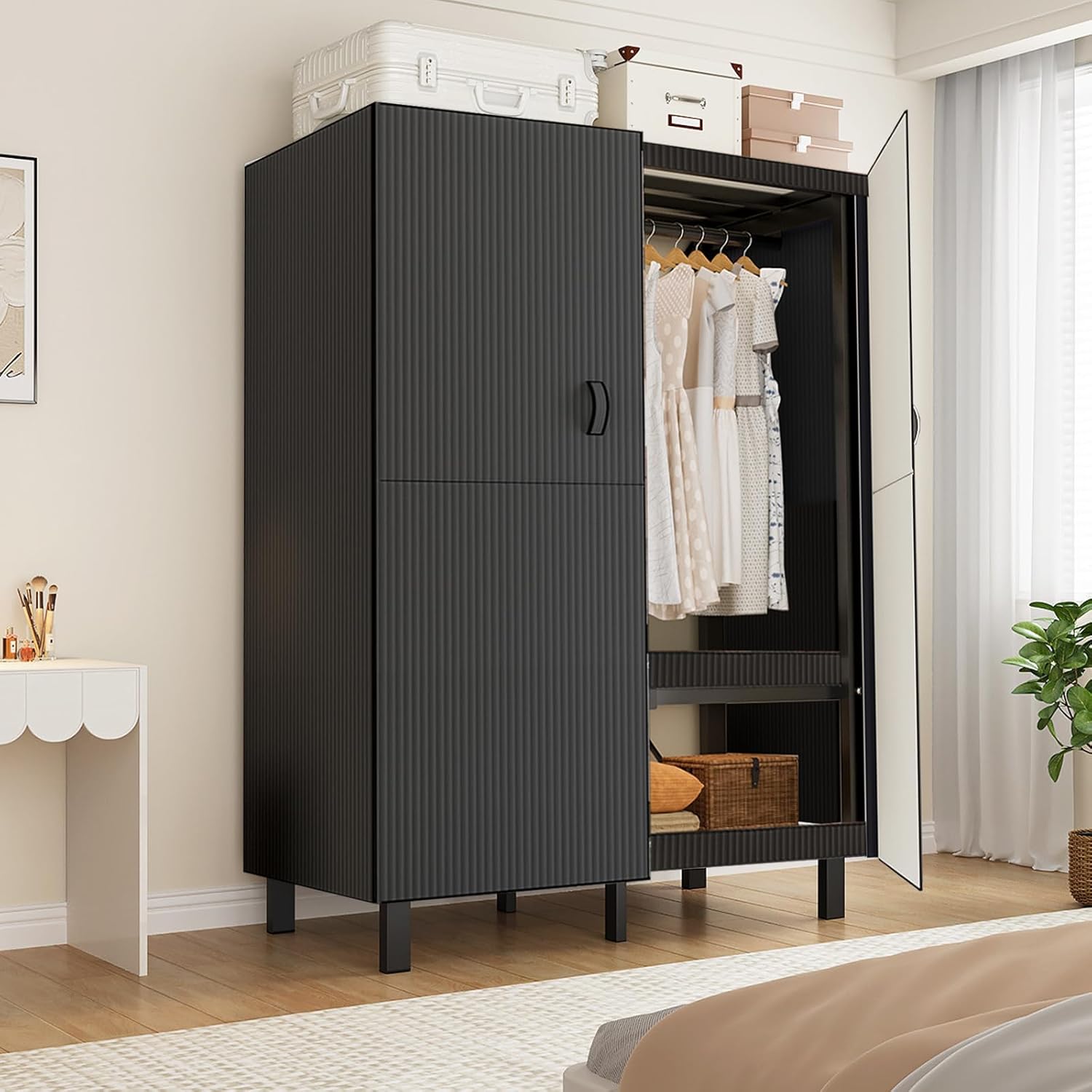 33.5in Heavy Duty Clothes Rack with Black Magnetic Door 1300LBS Foldable Portable Wardrobe Closet for Hanging Clothing metal Garment Rack Closet System for Bedroom,Apartments,rentals (A, 33.5in)