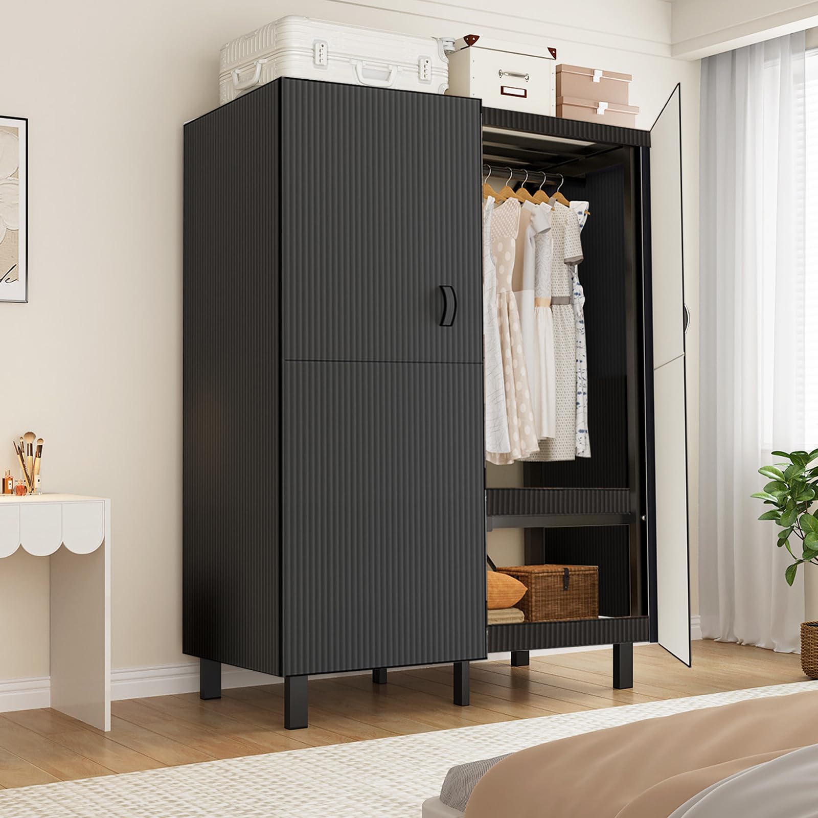 FPIGSHS Faltbarer Kleiderschrank Mit magnetischer Tür, 500 Kg, Robuster Stoffschrank, Freistehendes Garderobe-Organizer-System, Geschlossener Vorhang Drehtürenschrank Für Schlafzimmer (B, 100CM)