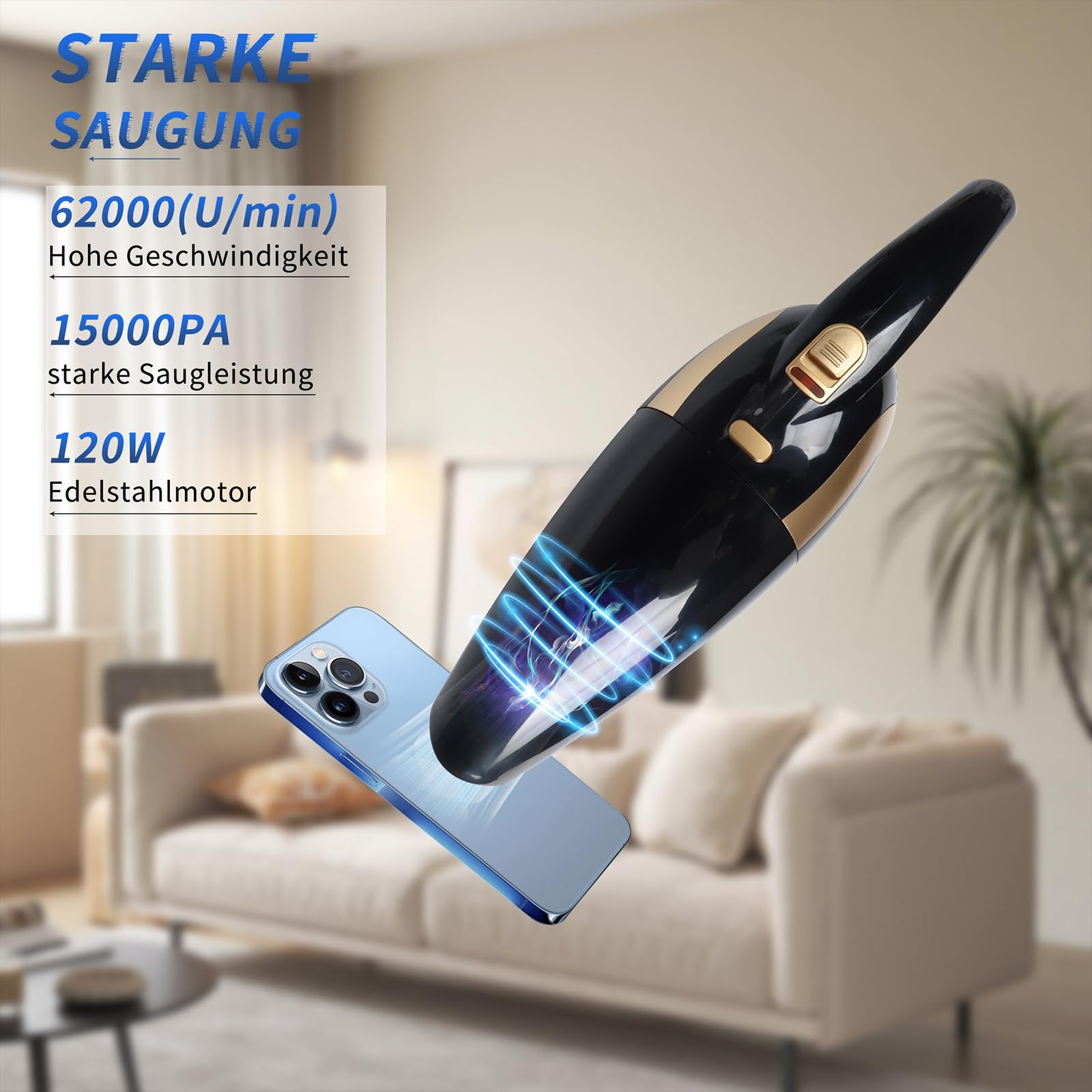 LIKE SHOW Aspiradora de mano inalámbrica y portátil, 15000 pa, aspiradora inalámbrica para coche, 120 W, mini portátil, recargable, batería