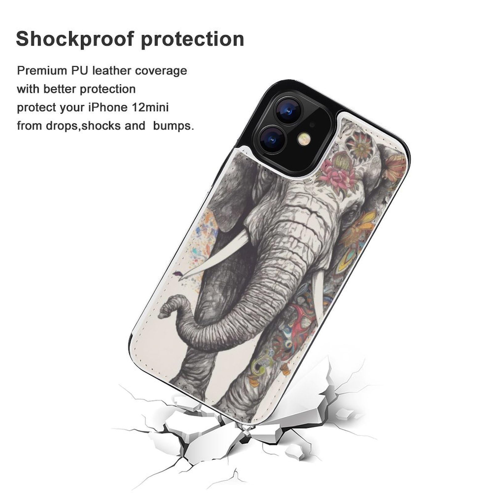 Funda tipo cartera para iPhone 12 Mini, diseño de elefantes, de piel, con ranuras para tarjetas