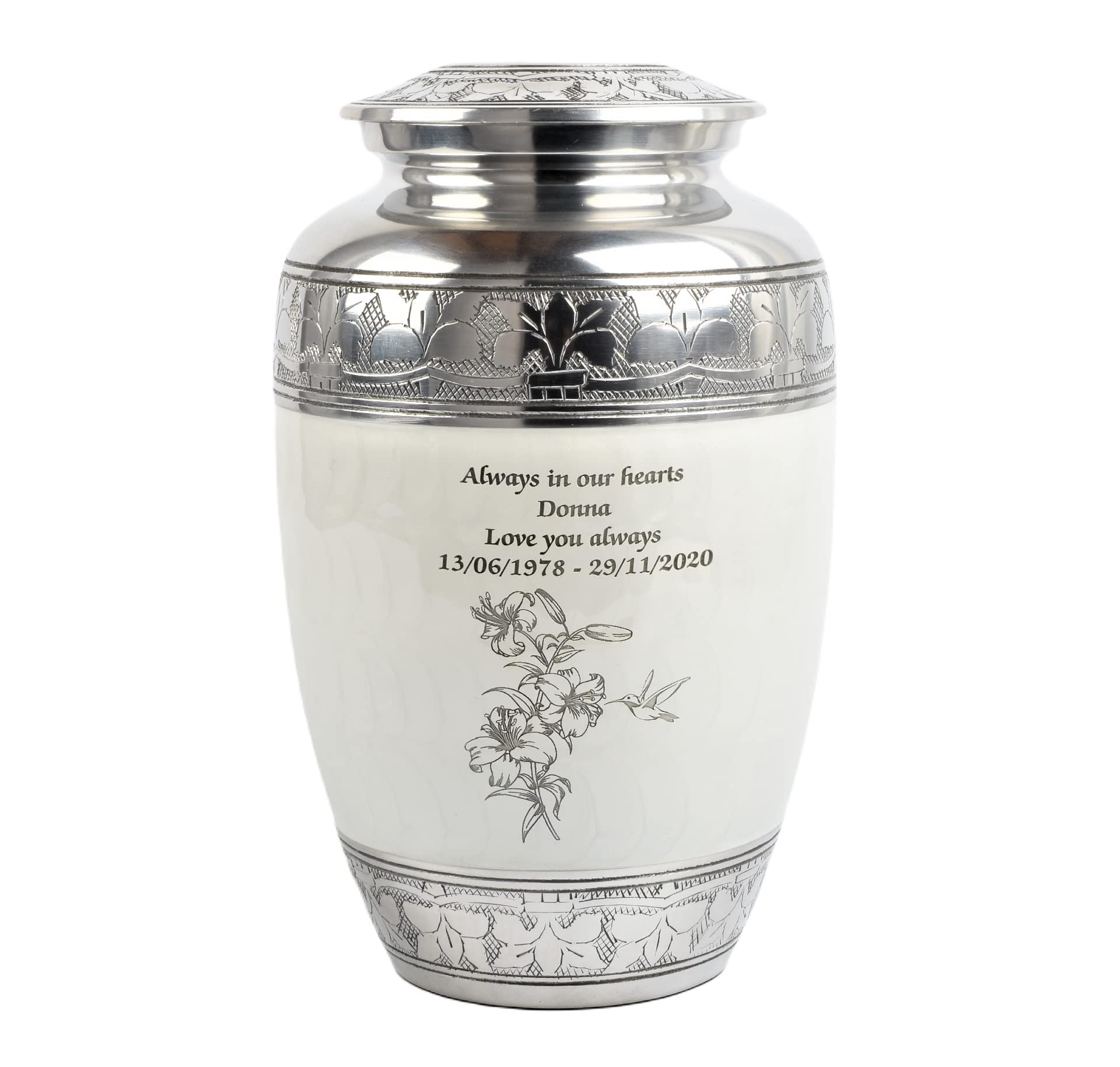 Cremation Urn for Human Ashes – Adult Large Decorative Aluminum Funeral Memorial Keepsake – Securely Holds approx. 90kg or 14 Stone Body (White-Humming Bird, Adult Size)