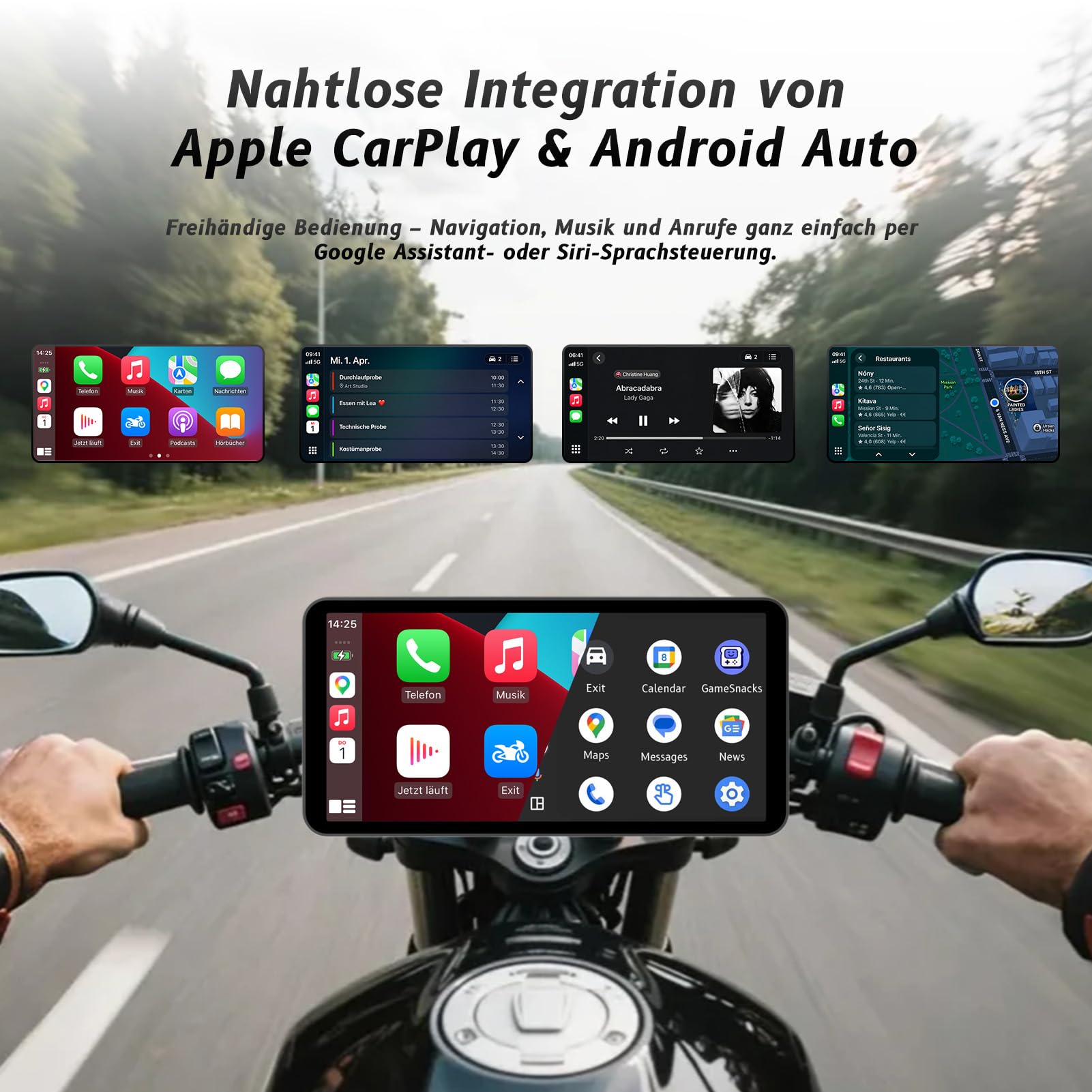 Pantalla inteligente para motocicleta de 6 pulgadas – CarPlay inalámbrico y Android Auto | Control de voz Bluetooth | IP67 impermeable | TPMS | Pantalla táctil HD | Se adapta a la mayoría de
