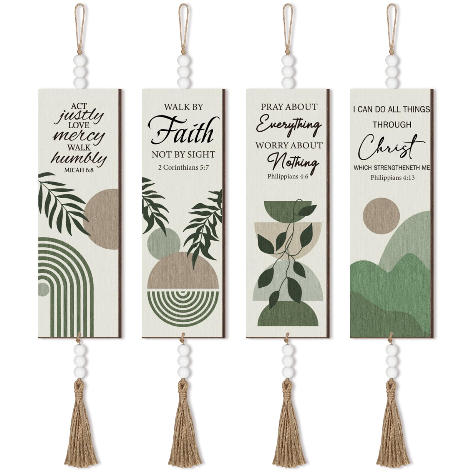 4 Pieces Bible Verses Wall Art Wooden Christian Boho Wall Decor with Beads Hanging Sign Inspirational Prayer Plaque Motivational Prayer Room Decor for