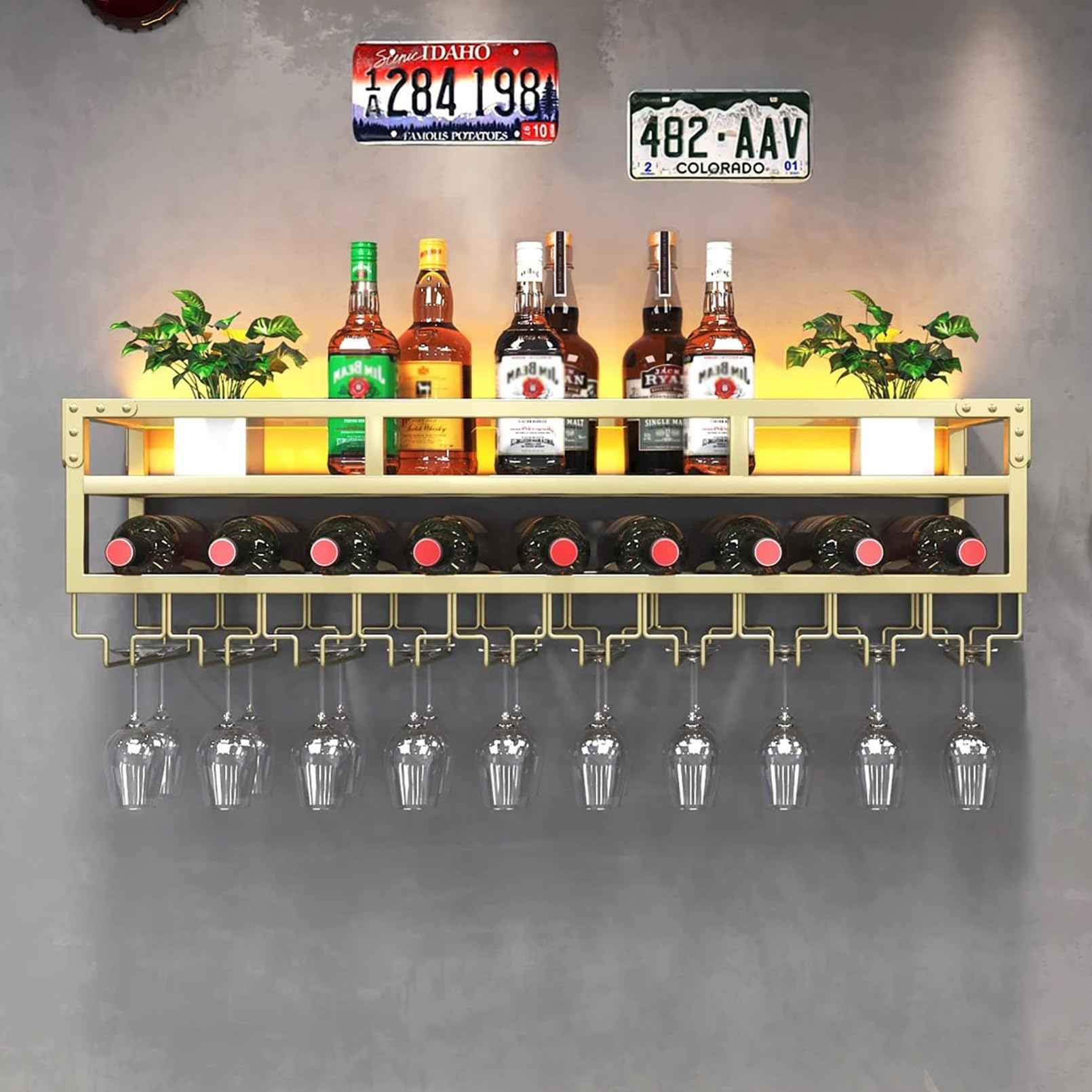 Étagère à verres à vin suspendue pour bar moderne lumineuse en métal