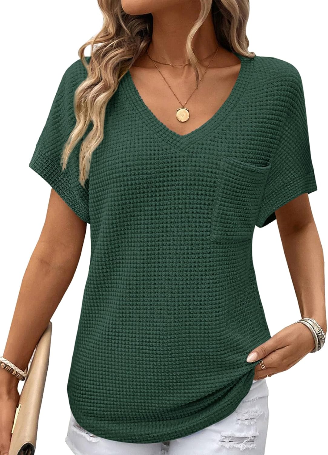 Dokotoo Womens Waffle Knit Tops 2026 Spring Summer V Neck Shirts Casual Trendy Women's Blouses Basic Tee