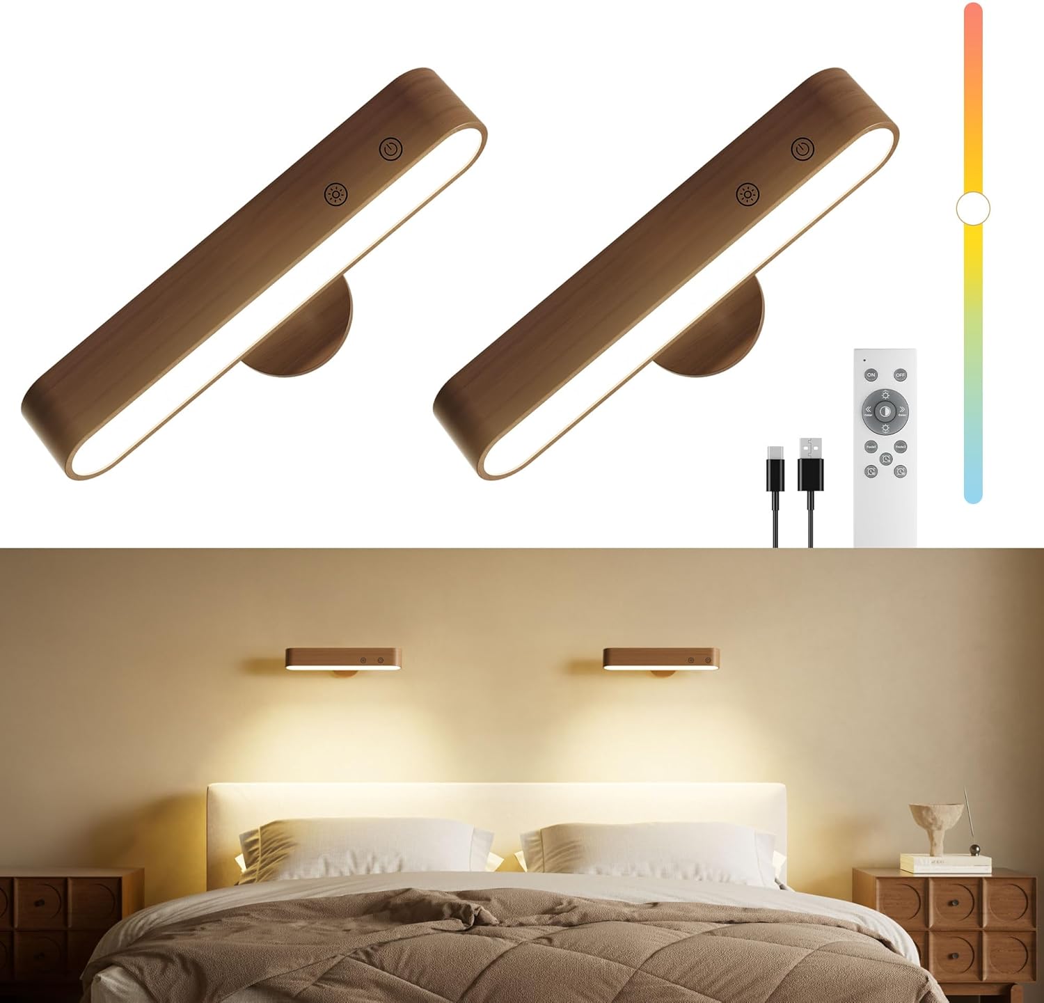 Rechargeable Walnut Wood Wall Sconces Set of Two LED Wall Lights for Bedroom,Touch and Remote Control,360° Rotate Magnetic Wall Light,3 Colors Dimmable Brightness Wall Lamps with 15 RGB Colors, 2 Pack Rechargeable Walnut Wood Wall Sconces Set of Two LED Wall Lights for Bedroom,Touch and Remote Control,360° Rotate Magnetic Wall Light,3 Colors Dimmable Brightness Wall Lamps with 15 RGB Colors, 2 Pack