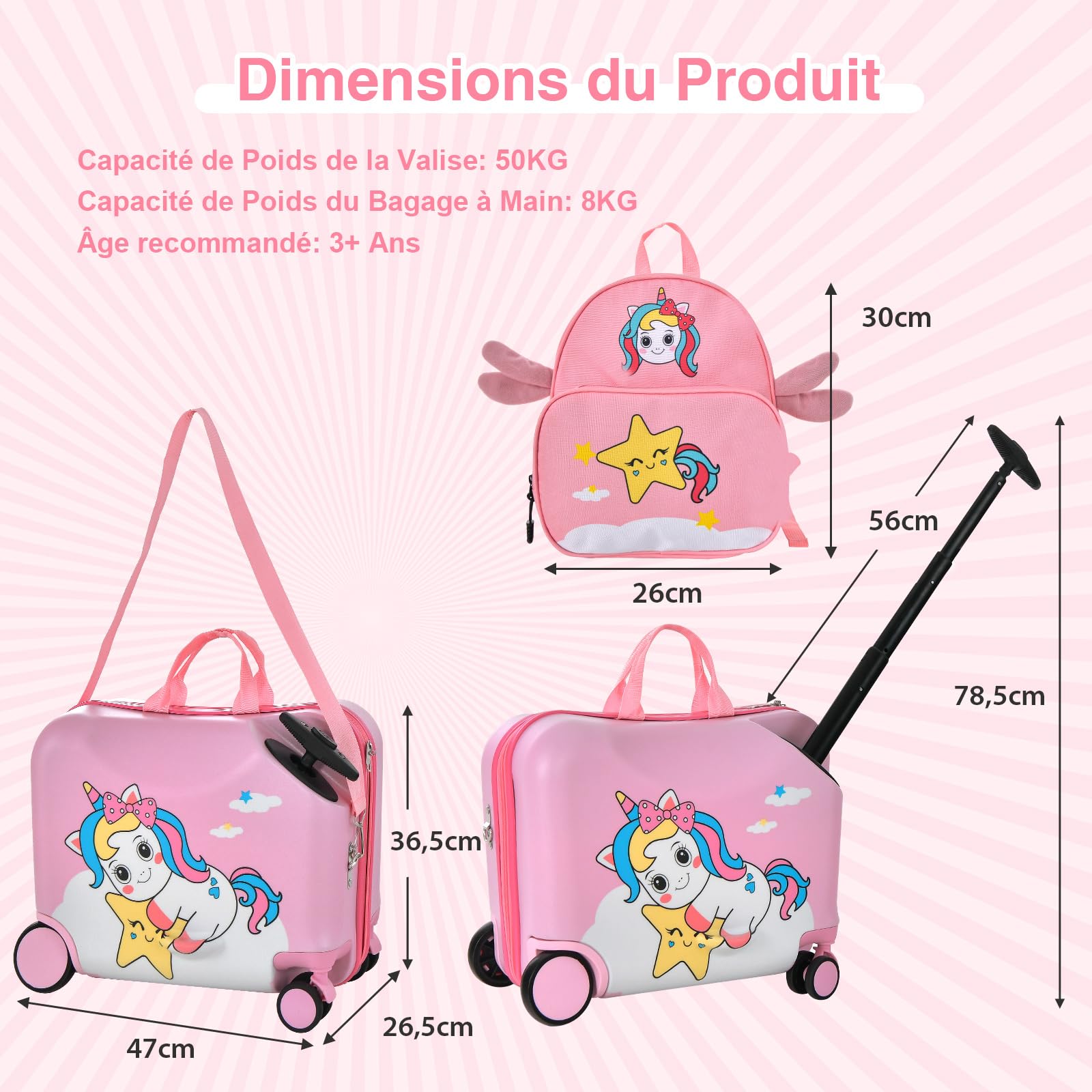 COSTWAY Valise Enfants à roulettes 18” avec Sac à Dos 12”, Bagages à Main pour Voyage avec Roues Coque Imperméable Poignée Rétractable pour Enfants de 3 Ans+ Charge 50KG+8KG (Rose Licorne)