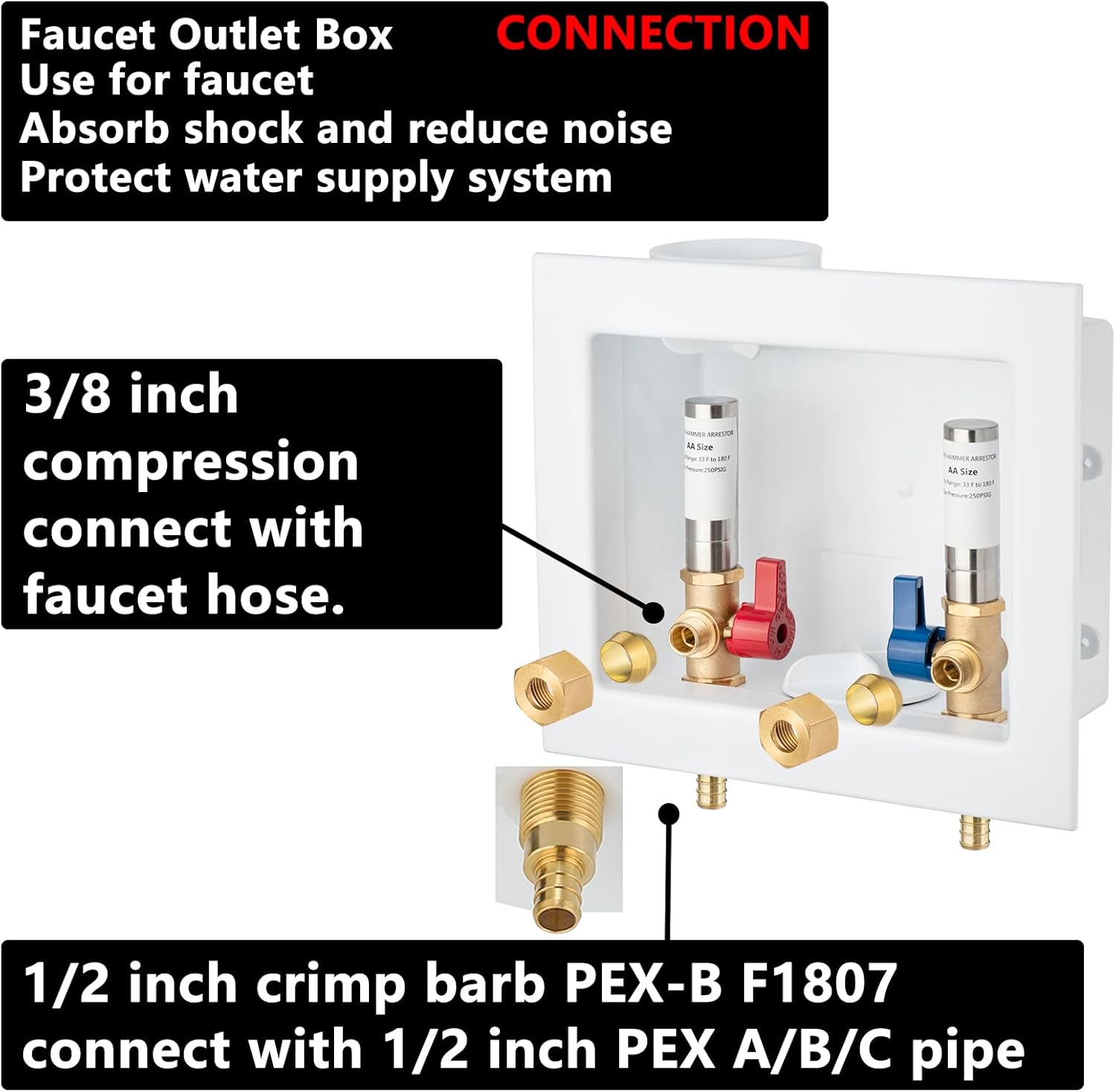 (1 Pack) Lidertik Faucet Outlet Box Crimp PEX-B with Stainless Steel Hammer Arrestors, Inlet 1/2 inch PEX-B F1807 Crimp Barb x Outlet 3/8 inch Compression LI-SLTH-621