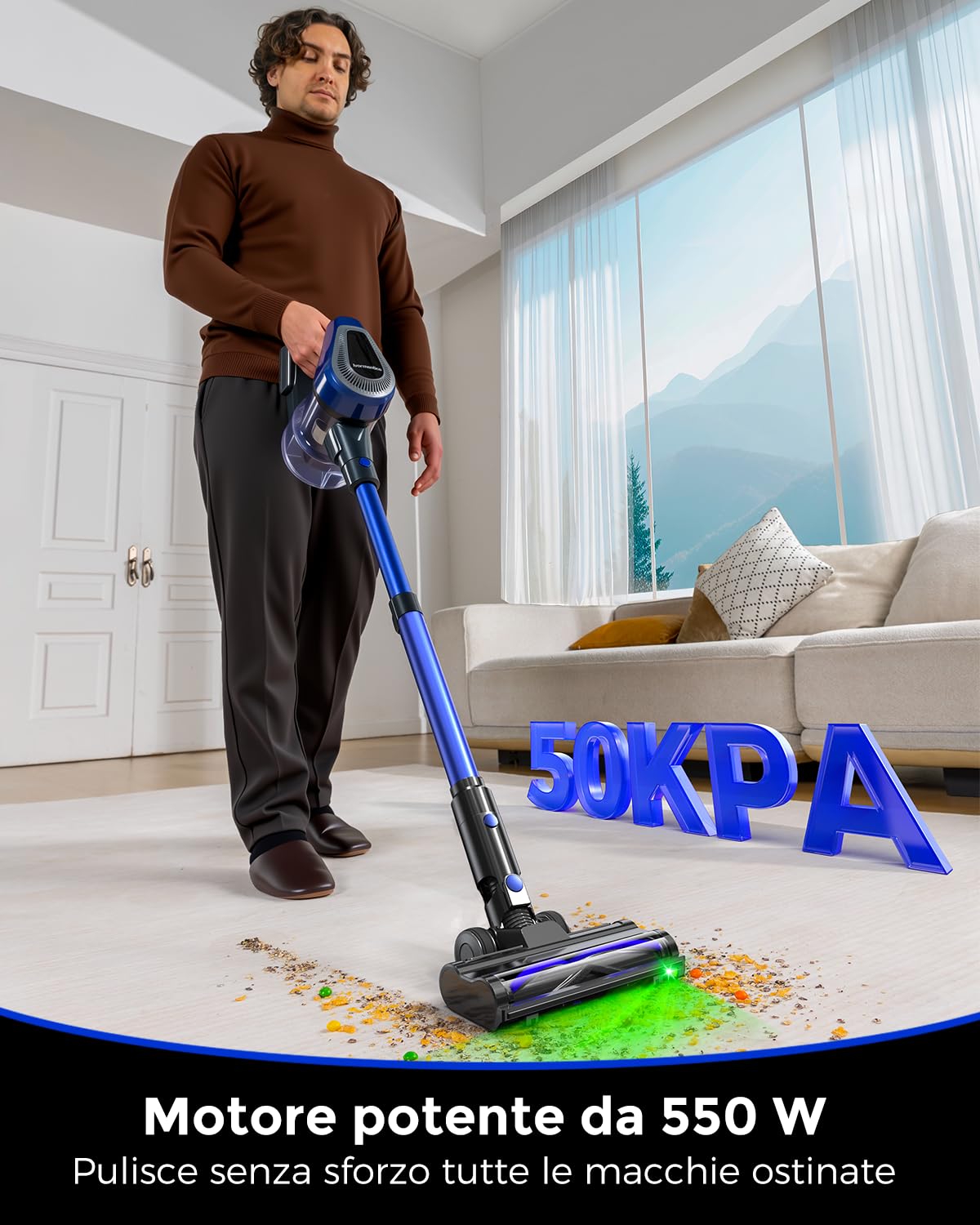 50Min Aspirapolvere Senza Fili Potente, 550W Scopa Elettrica Senza Fili, 50KPA Scopa Elettrica, 1,5 L Contenitore per la Polvere Aspirapolvere Senza Fili, Aspirapolvere Con filtro a 8 strati, Blu