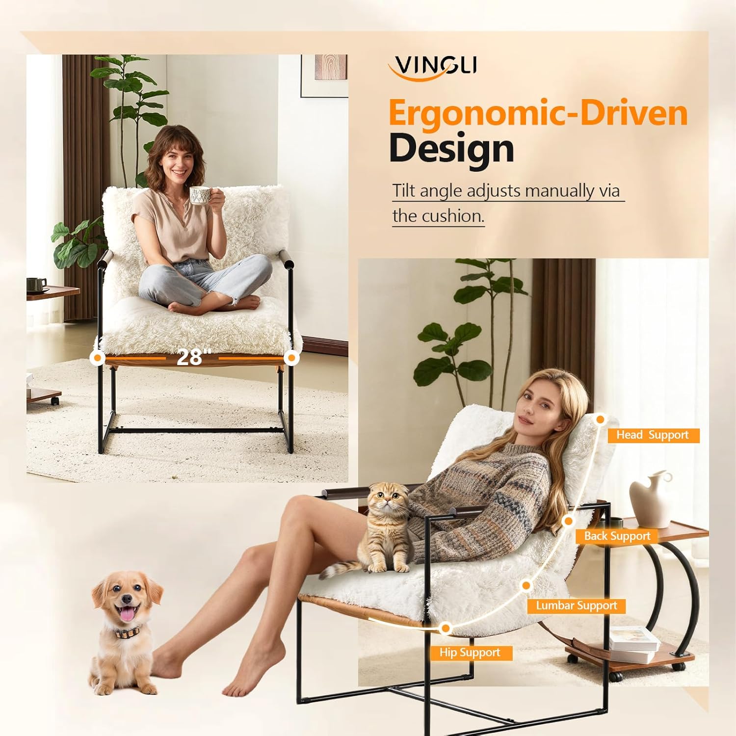 VINGLI 28" Wide Plush Upholstery Sling Modern Accent Chair with Metal Frame, Cute Reading Armchair with Removable Seat Cushion & Tan Microfiber Seat Base, Lazy Chair for Bedroom & Lounge, White