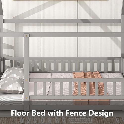 Miniatura 4 de Altillo Cama de casa con valla, camas Montessori de madera para niños con techo, cama de tienda, cama de piso de madera, marco de cama estilo casa