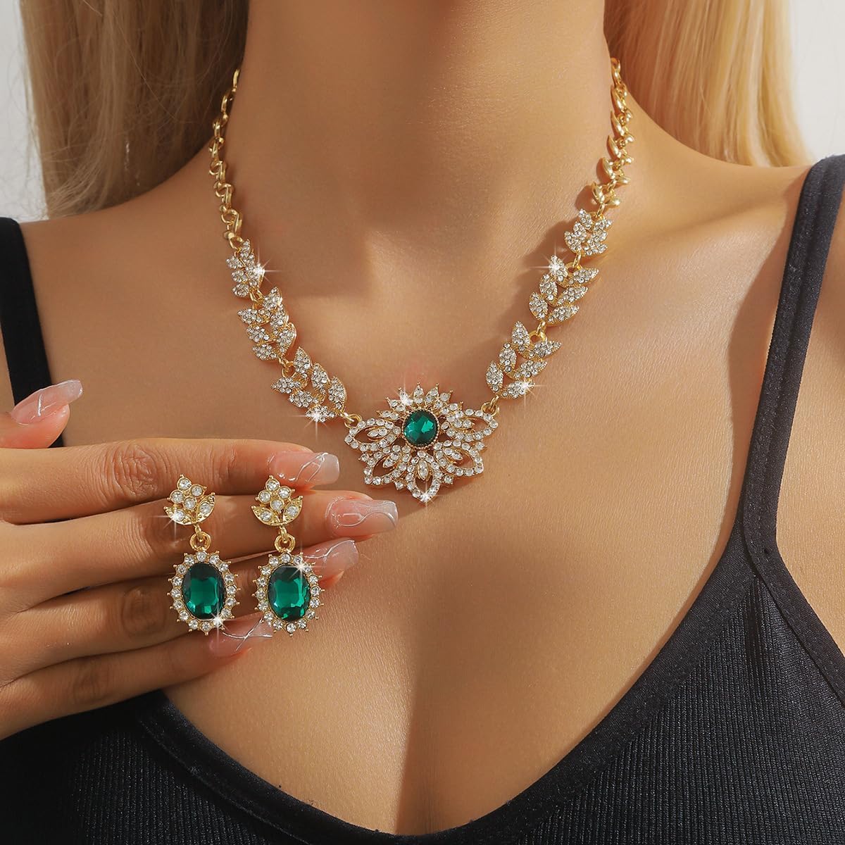 Xerling Chunky Statement Rhinestone Necklace Earrings Floral Crystal Pendant Gold Leaf Chain Necklace Green Oval Earrings Jewelry Set Bridal Wedding Accessory for Brides Women Gifts - Image 2