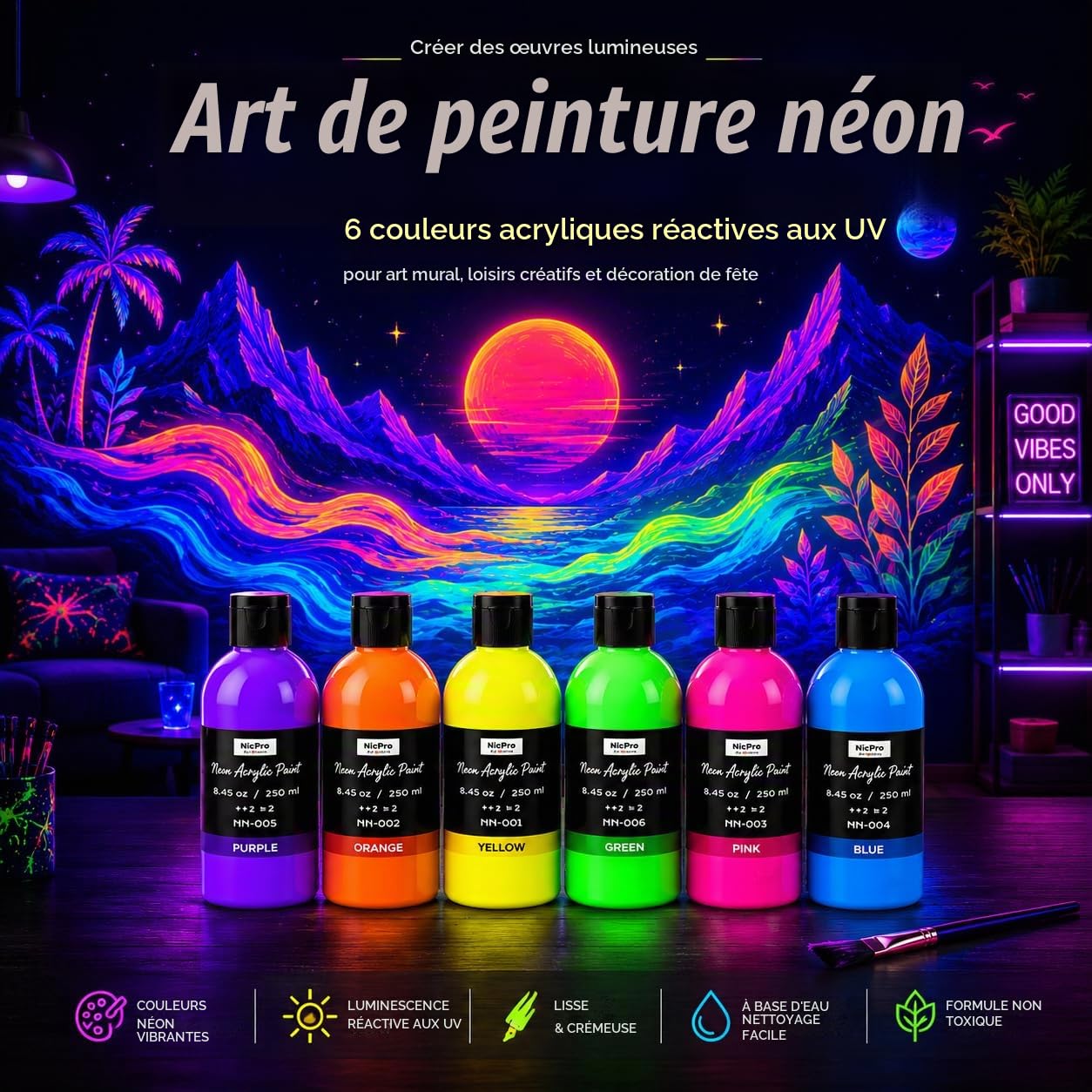 Nicpro Peinture Fluorescente 6 Couleurs X 250 ml, Peinture Acrylique Luisant Dans Le Noir, Acrylique Fluorescente pour Projets De Bricolage, Vêtements De Fête, Halloween, Décorations De Noël