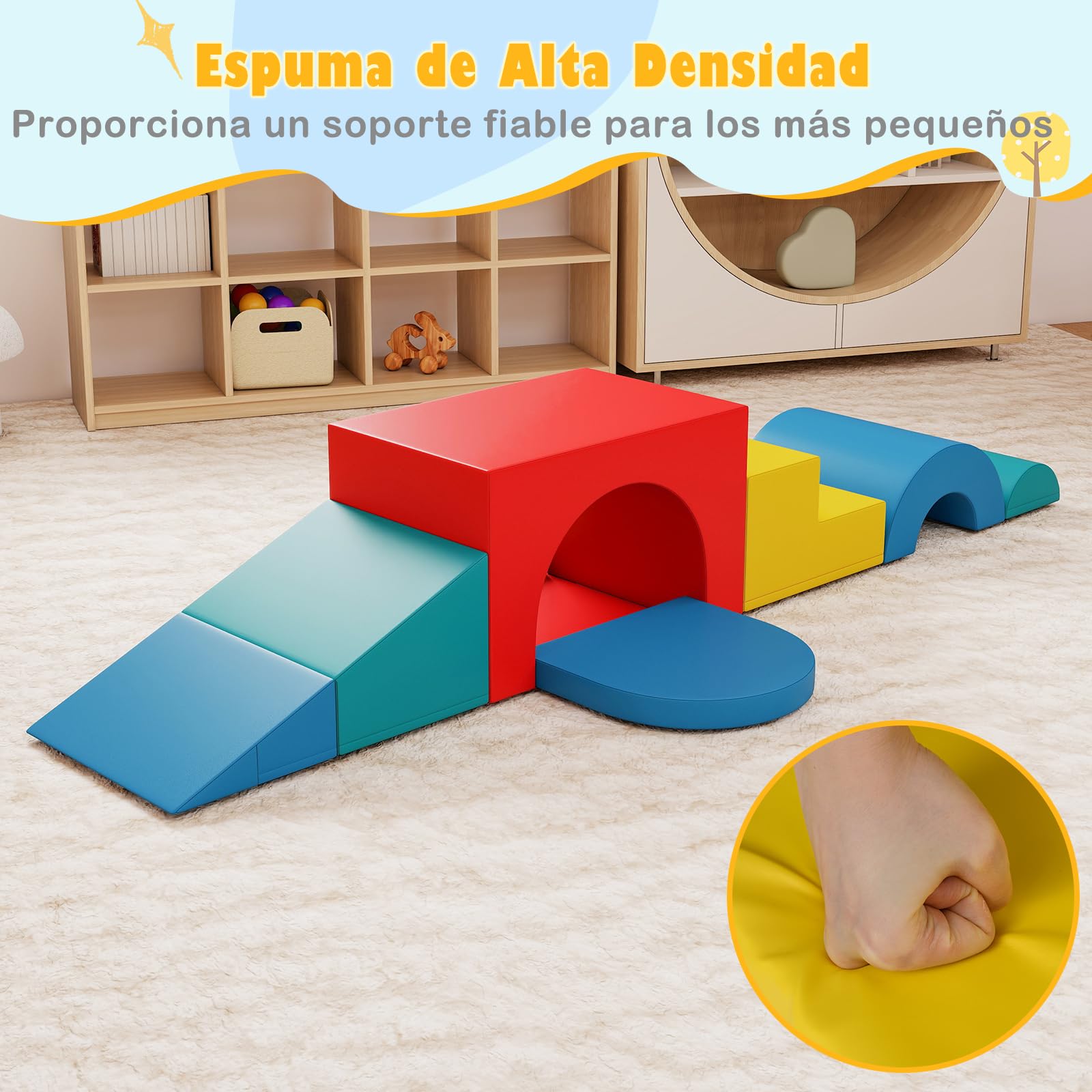 COSTWAY Bloques de 7 Piezas de Escalada de Espuma, Gimnasio de Juego de PU Suave, Estructuras Ligeras para Bebés para Gatear, Escalar y Deslizarse, Psicomotricidad para Niños 1 Año+ (Rojo)