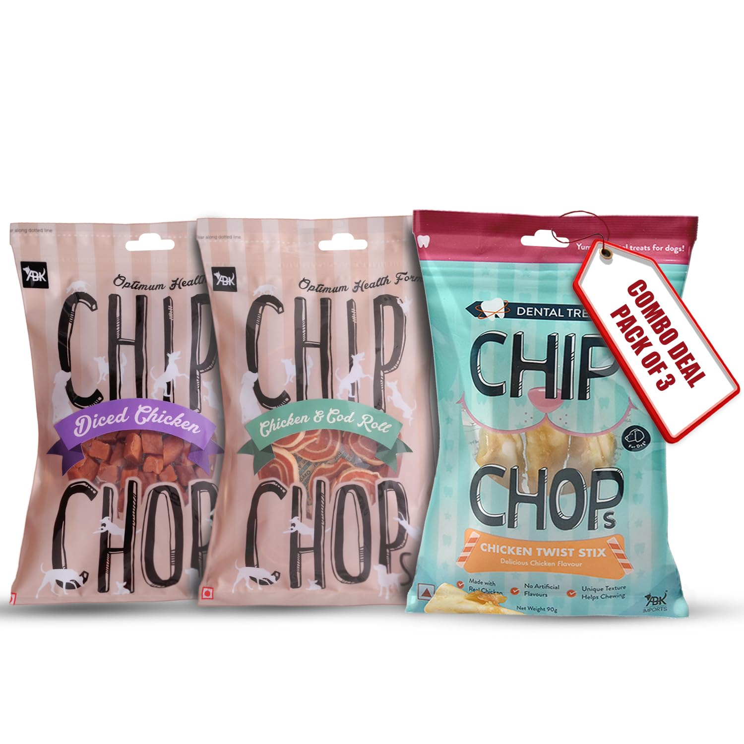 Chip Chops Dog Treats Combo (Chicken and Cranberry Flavour Dental Twist, 90gm, Chicken & Codfish Rolls, 70 gm and Diced Chicken, 70 gm) - Suitable for All Breeds (B0C7KMTV32) Amazon Price History, Amazon Price Tracker