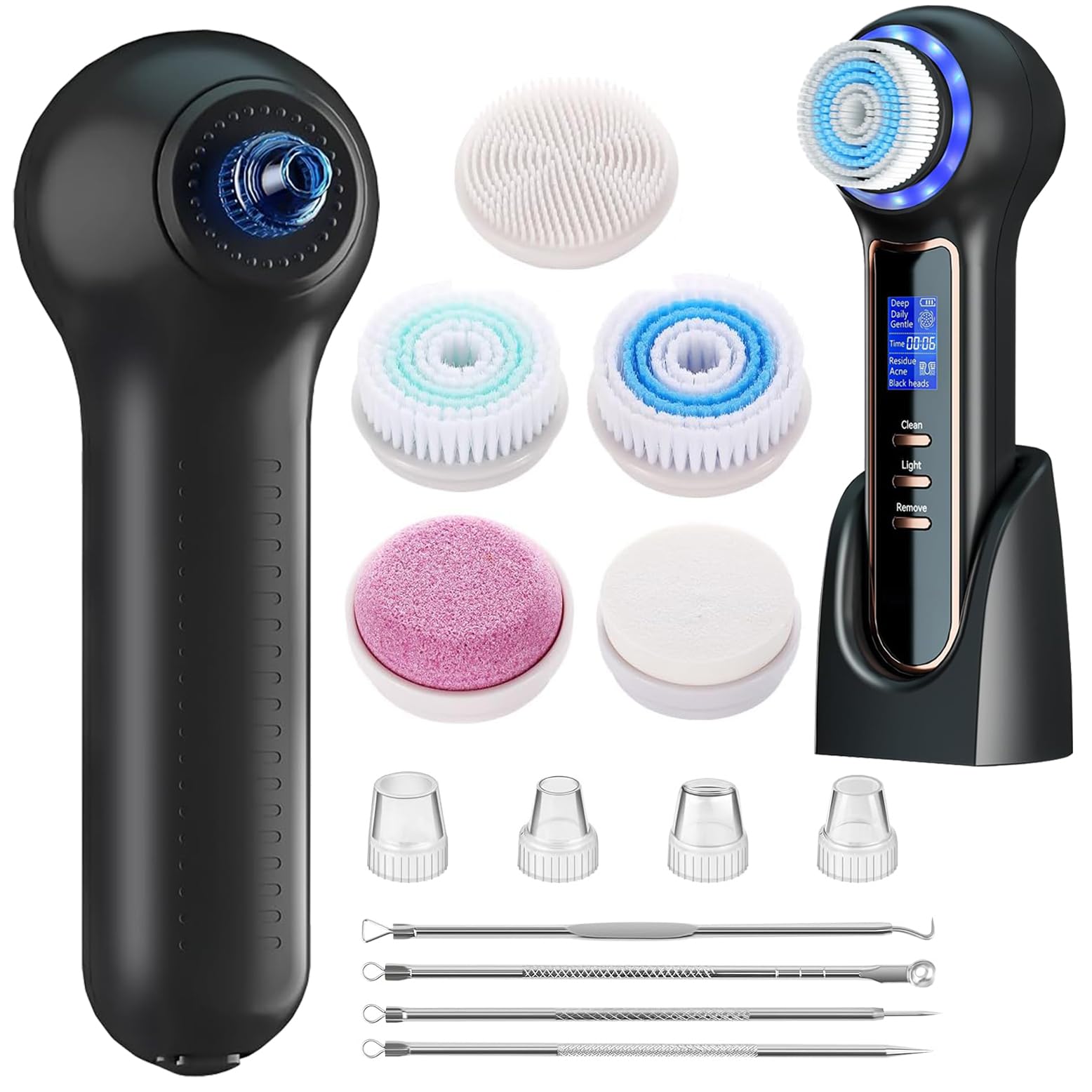 Angju Blackhead Remover Vacuum,Black Head Extractions Tool with LCD Screen,Rechargeable Facial Cleansing Brush IPX7 Waterproof 3 in 1 for Exfoliating,Massaging and Deep Pore Cleansing (Black)