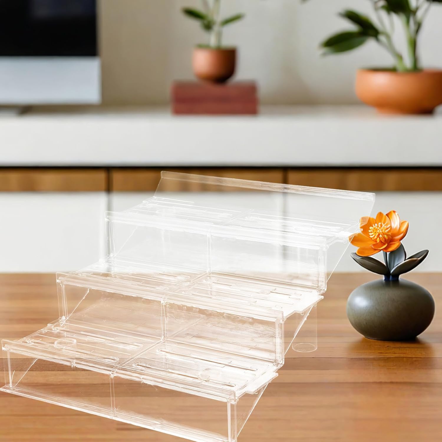 3-tier Plastic Retail Counter Display Riser with Two Cylindrical Legs, Food Organizer Stand for Supermarket Refrigerator and Food Service