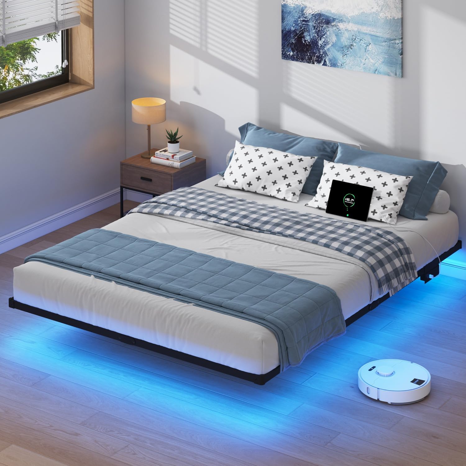 Floating Bed Frame King with LED Lights and Charging Station - 8 inch Platform Bed Frame No Box Spring Needed, Easy Assembly - Image 7