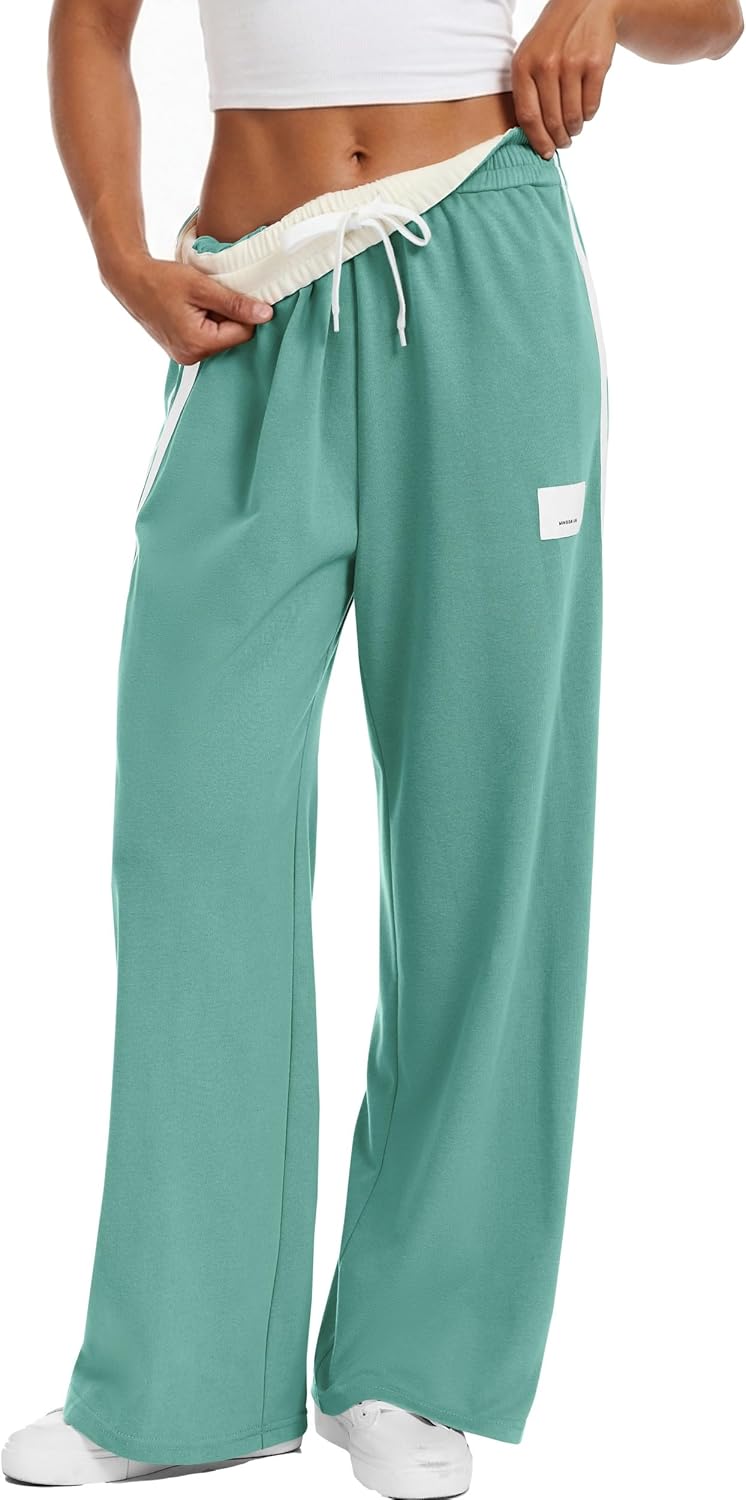 Womens Track Pants Athletic Running Pants Sweatpants Straight Leg Cotton Fold-Over ...