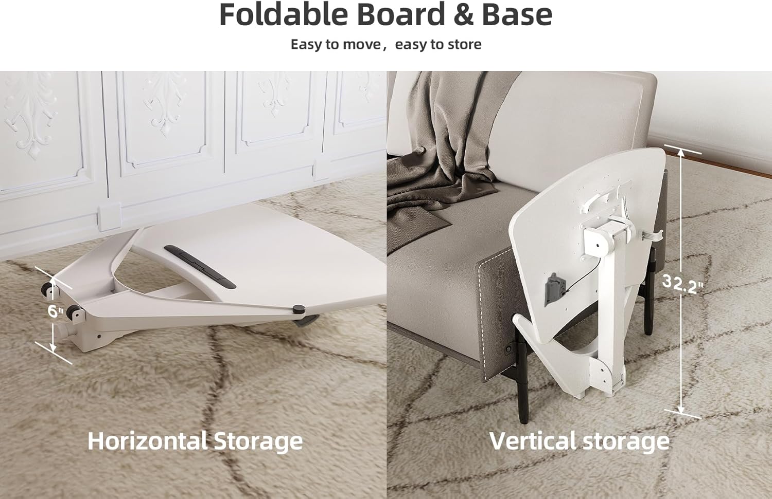 Image showing the Claiks Mobile Standing Desk stored horizontally and vertically after folding.