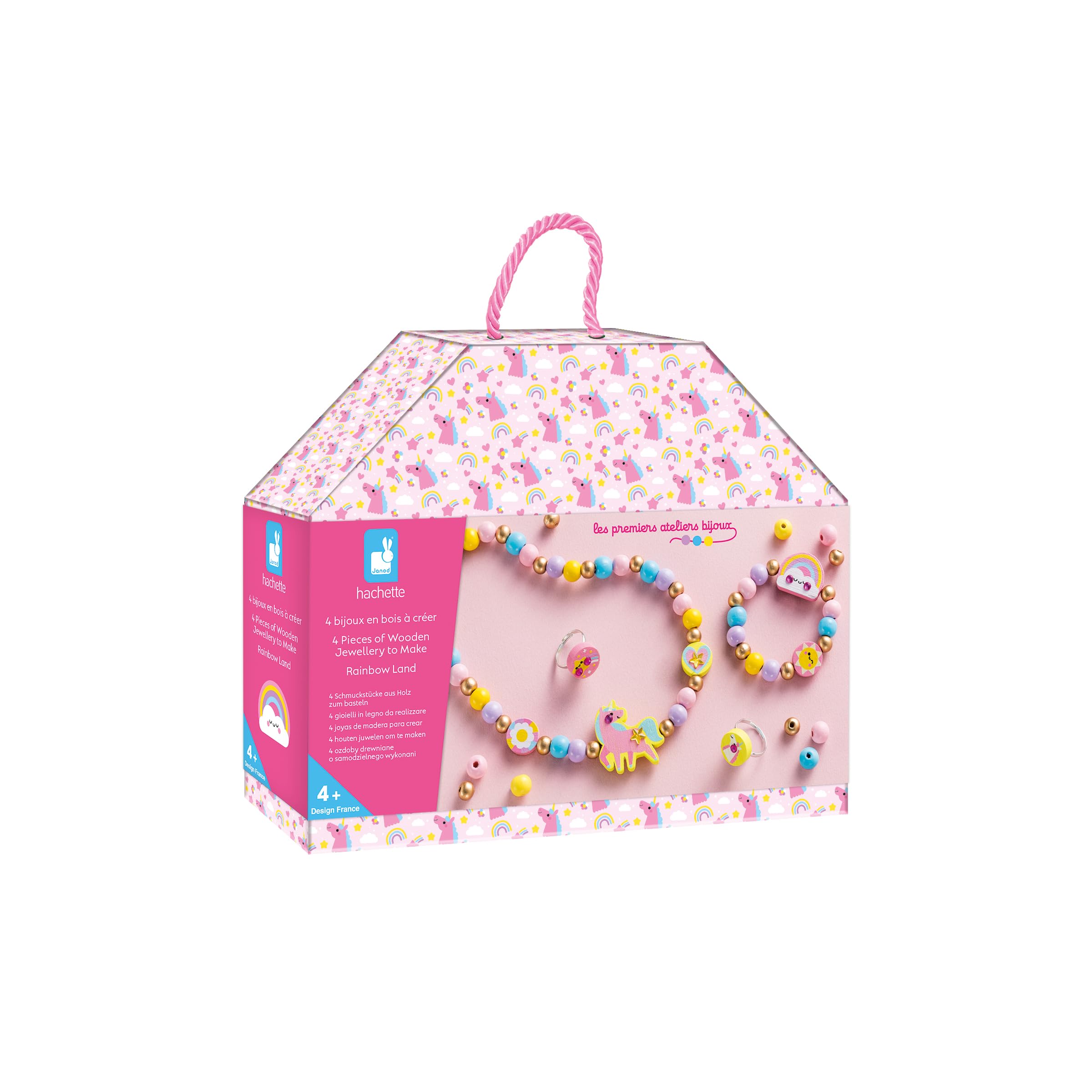 Janod - 4 Gioielli in Legno da Creare Rainbow Land - I Primi Atelier dei Gioielli - Creazione di Gioielli Fai-​da-​Te - Kit Creativo per Bambini - Motricità Fina e Concentrazione - Da 4 anni - J09129