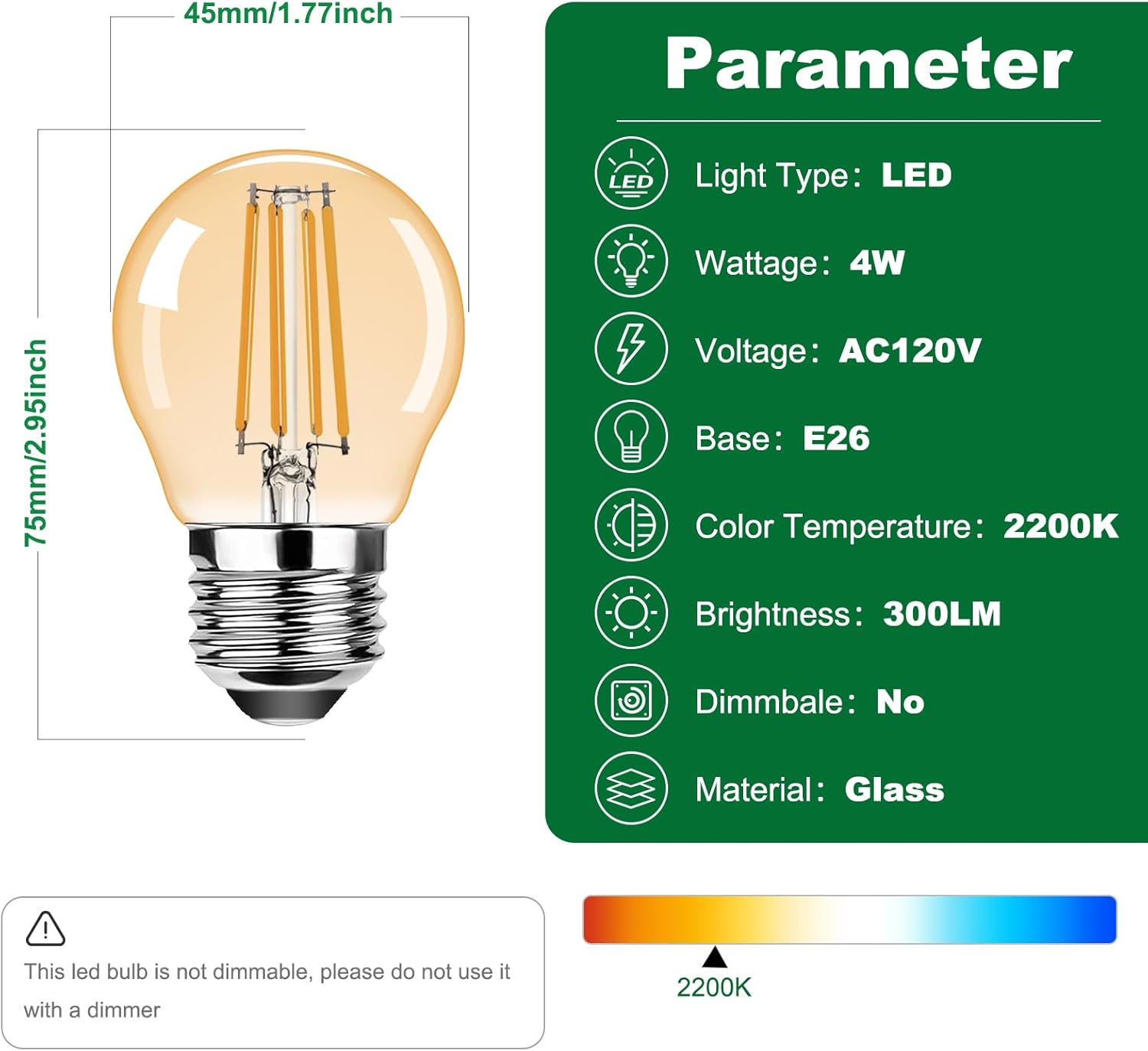 G45 E26 Vintage LED Small Edison Bulb 120V 4W (30 Watt Equivalent),Antique Globe Filament Decorative Light Bulbs Warm White 2200K 300LM,Amber Glass,Non-Dimmable,2 Pack