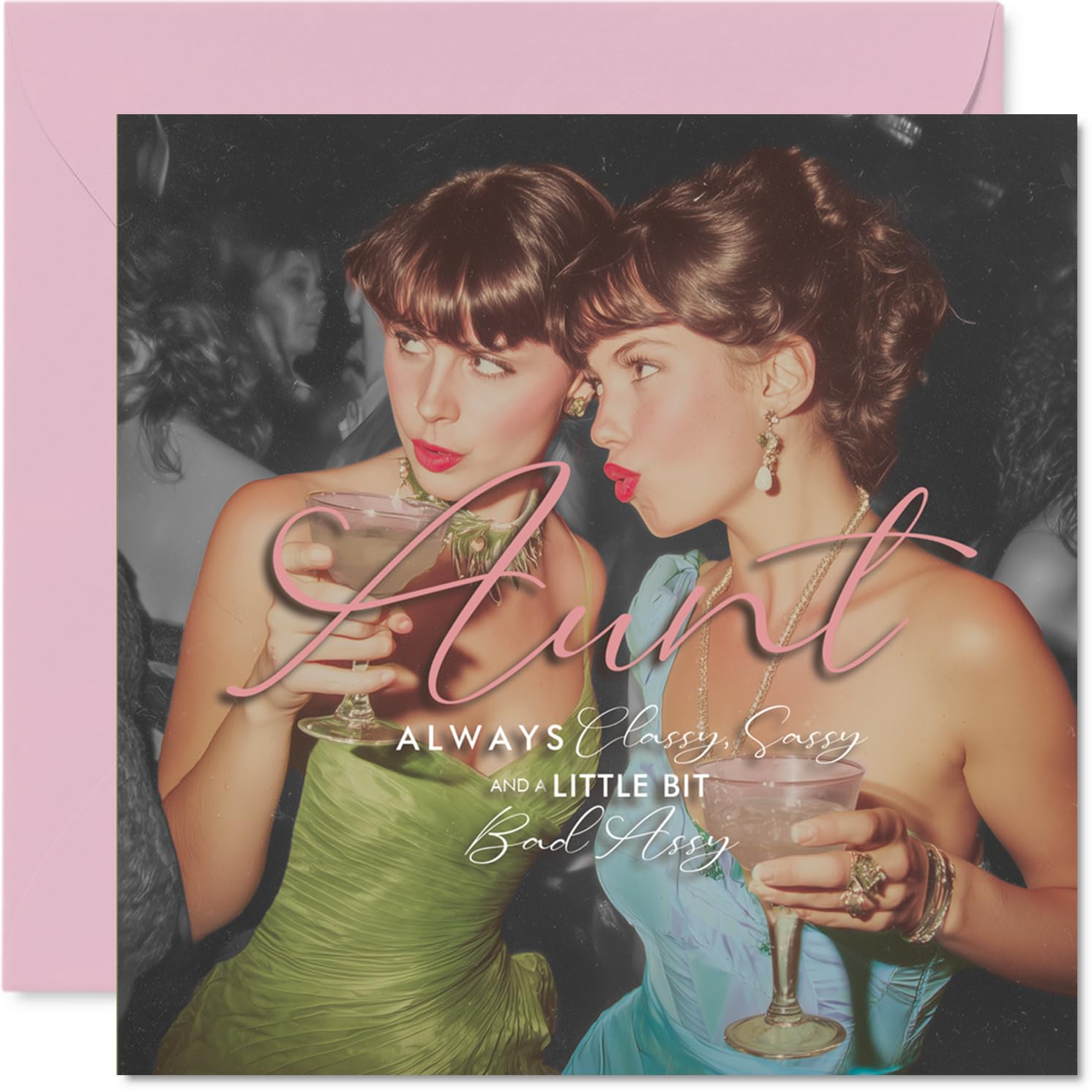 Sassy Birthday Card for Aunt - Vintage Glamour and a Cheeky Wink - Two Fabulous Women Toasting in Bold Pinks and Blues, Mothers' Day - 145mm Square, Envelope Included