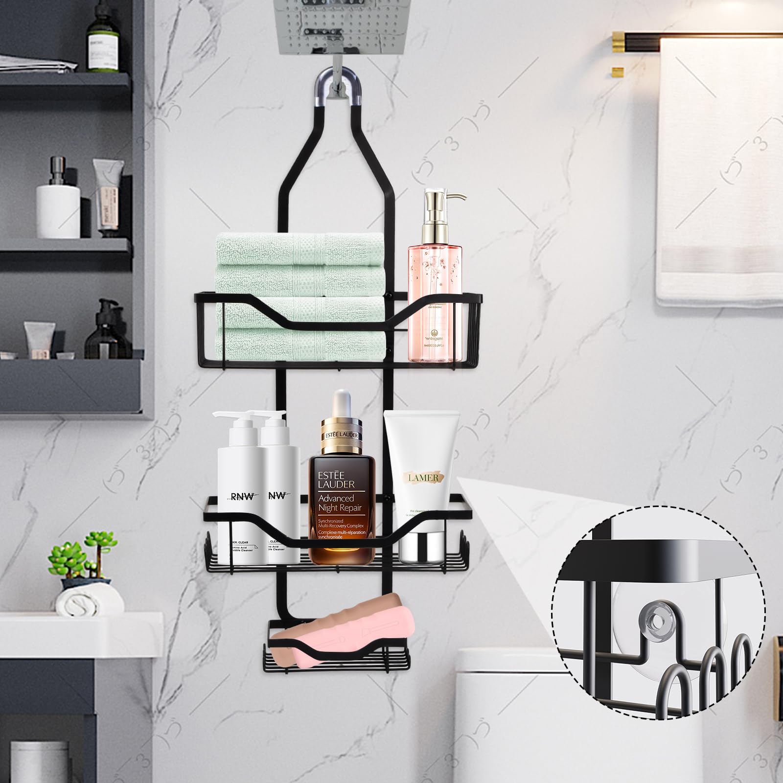Mensola da doccia sospesa, mensola doccia a 3 ripiani, senza foratura, da appendere con 2 cestelli, 1 vassoio per sapone, mensola doccia, organizer da bagno in acciaio inox, porta shampoo