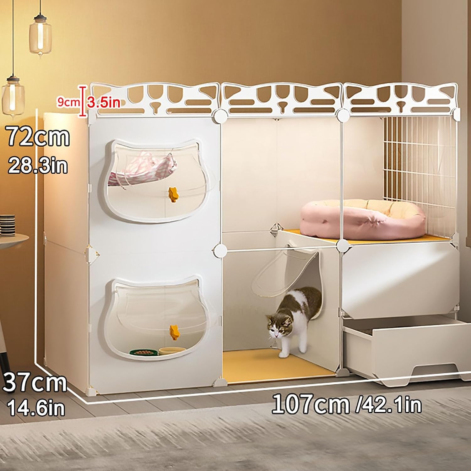 Large 2/3-Tier Cat Kennels, Cat Cages Indoor, Transparent Cat Villa, Closed Cat Litter Box, Detachable, Freedom Space (Size : 107x37x72cm)