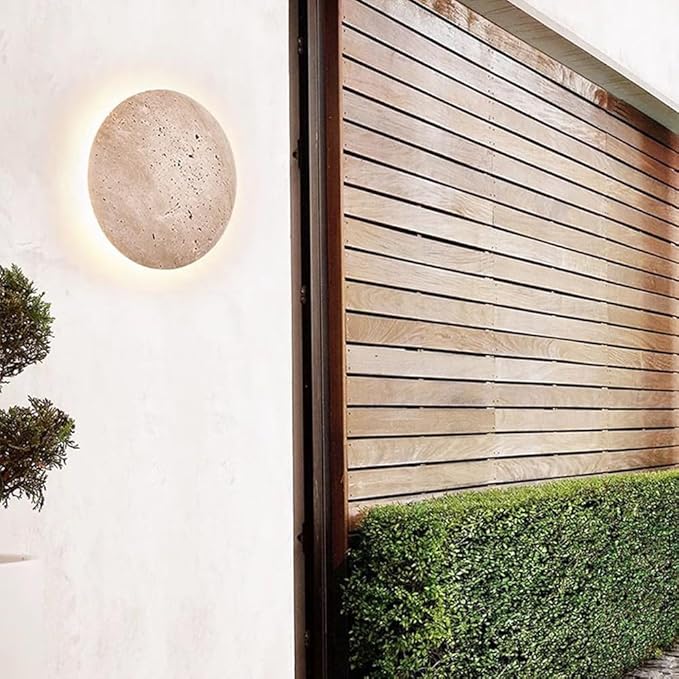 JWBXFYXW 9in ronde SCONCE Outdoor Waterdicht IP65 Wandlamp Natuurlijk Geel Travertijn Wandverlichting 8W 3000K Warm licht Wandbevestiging Lamp Hotel Villa Garden Verlichting photo 3