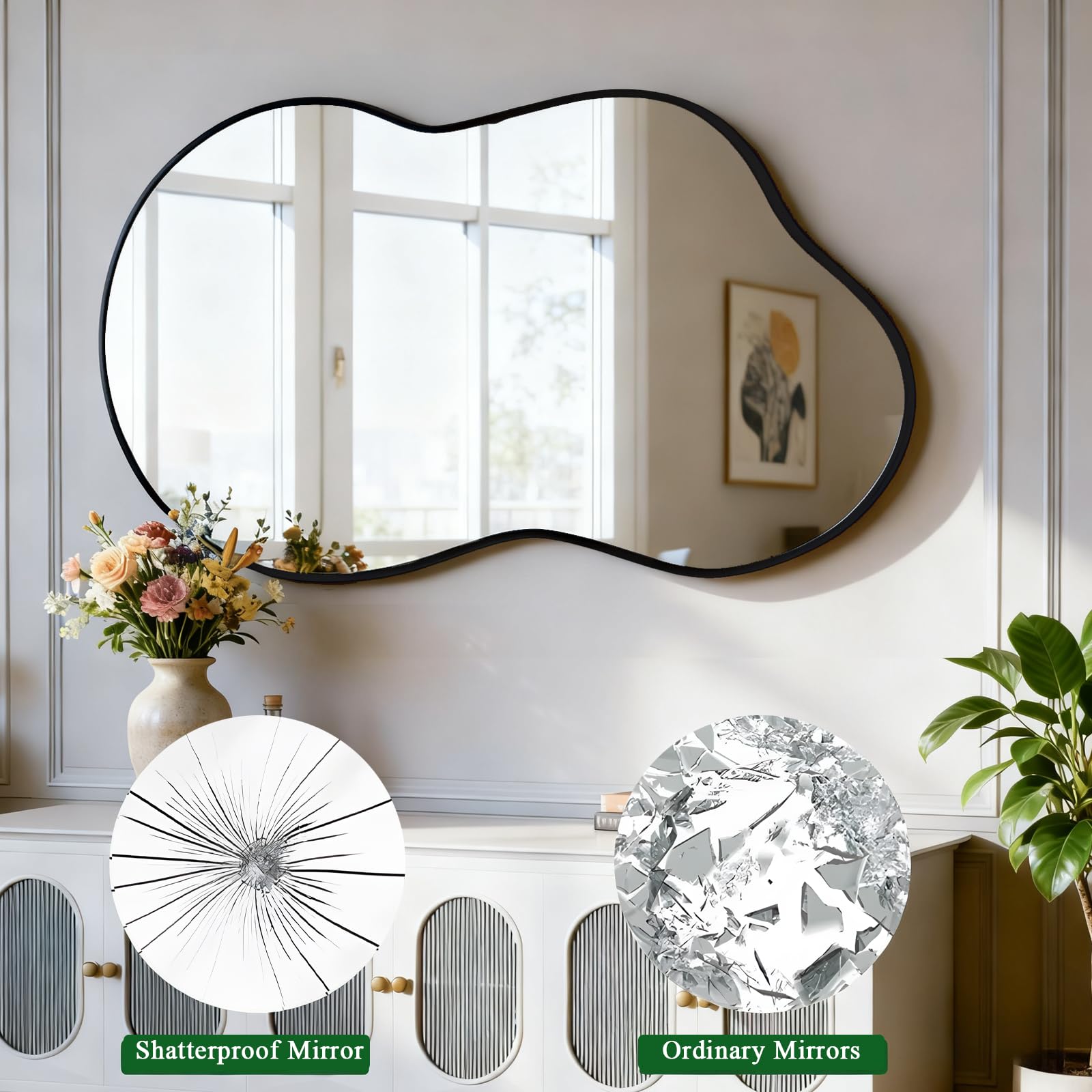 Miroir Mural irrégulier, Miroir Nuage asymétrique 67 x 115 cm Grand Miroir de courtoisie Unique Miroir de Salle de Bain Noir Mural Miroir Moderne pour Le Salon et l'entrée