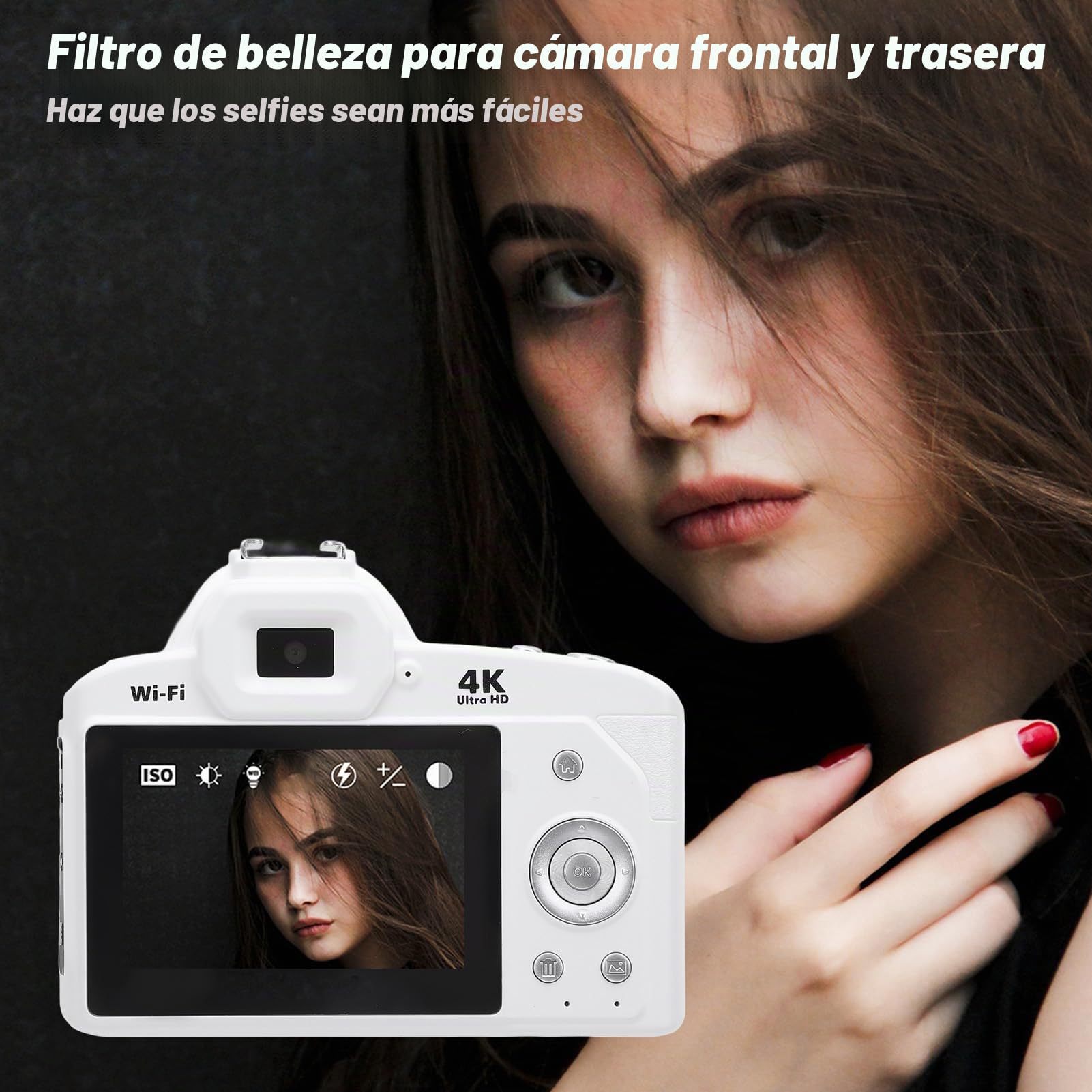 Cámara Compacta para Viajes, Cámara Digital 4K para Fotografía y Vídeo, Cámara Vlogging de 64 MP, Enfoque Automático Antivibración, Lente Gran Angular de 3 Pulgadas y 120°,
