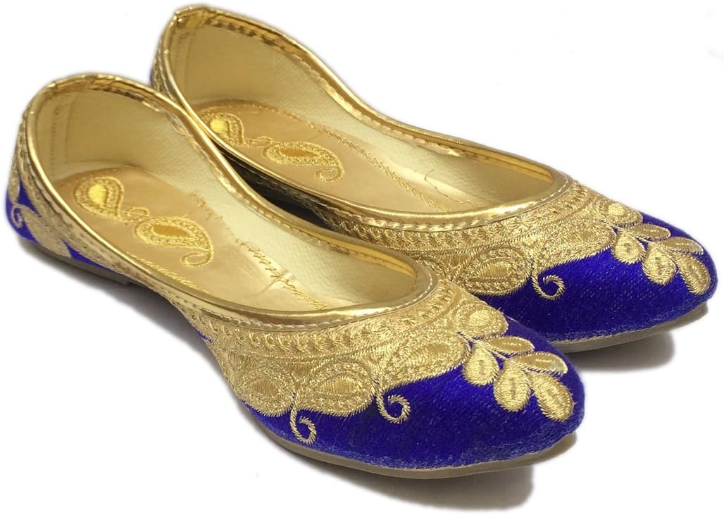Pawadi Women Girls Velvet tach Golden Embroidred Panjabi Jutti Bellies Shoe Ethnic Look Orange & Gold