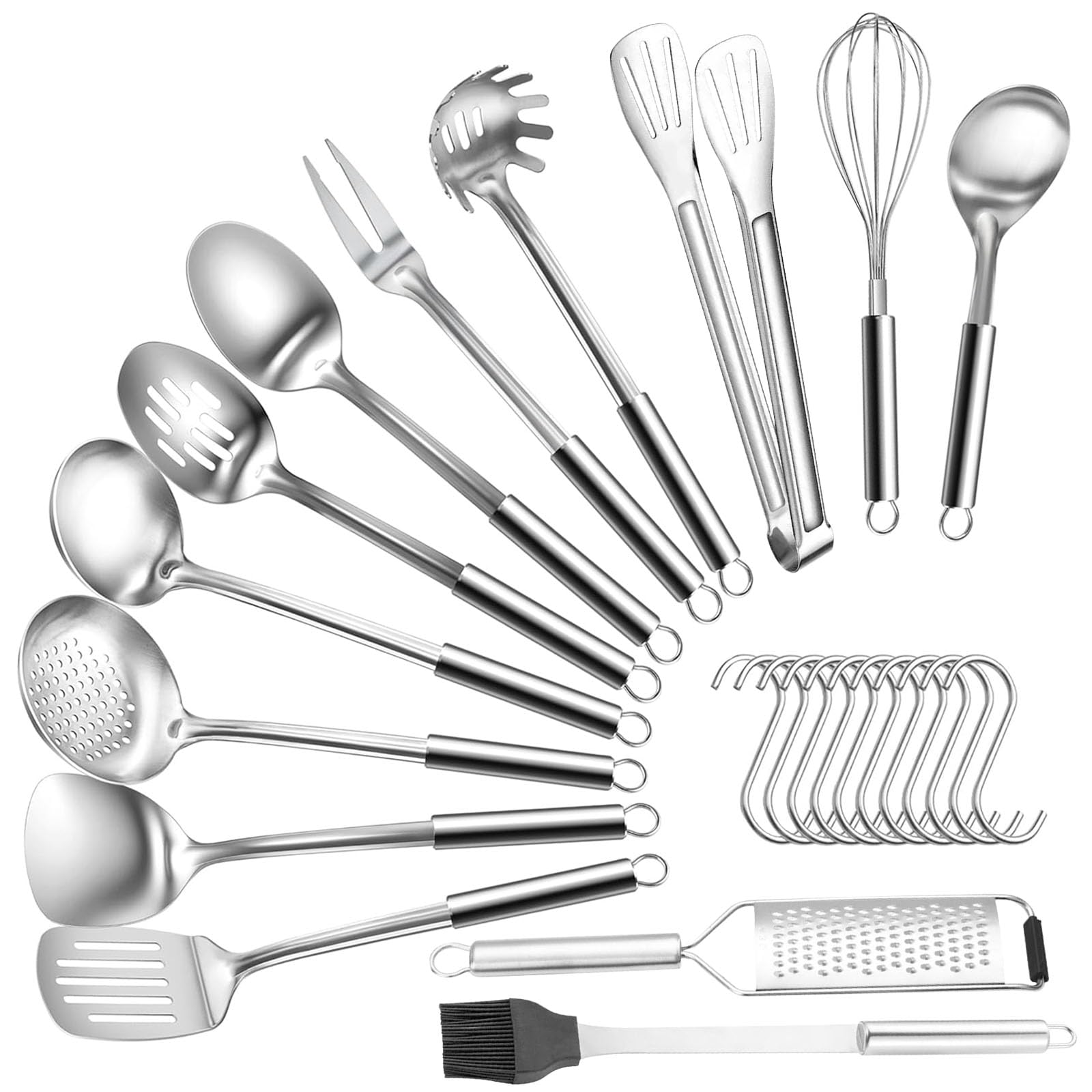 Polegas Stainless Steel Kitchen Utensils Set 26 Pieces,Cooking Utensils Set with Hooks,Kitchen Tools Includes Spatula, Ladle, Whisk, Slotted Spoon, Pasta Server, Grater & More for Home and Restaurant