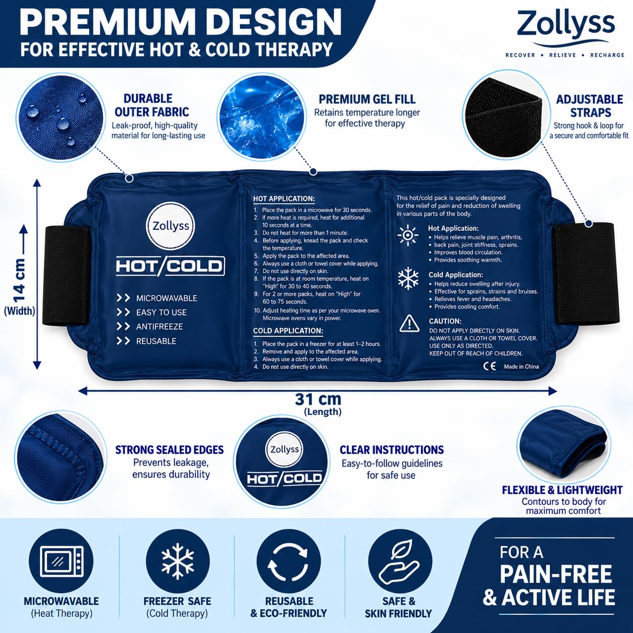 Zollyss Reusable Hot & Cold Gel Pack with Adjustable Strap for Pain Relief, Flexible Ice Pack for Shoulder, Knee, Back, Neck & Sports Recovery, Microwaveable & Freezer Safe – Navy Blue — Amazon image 3