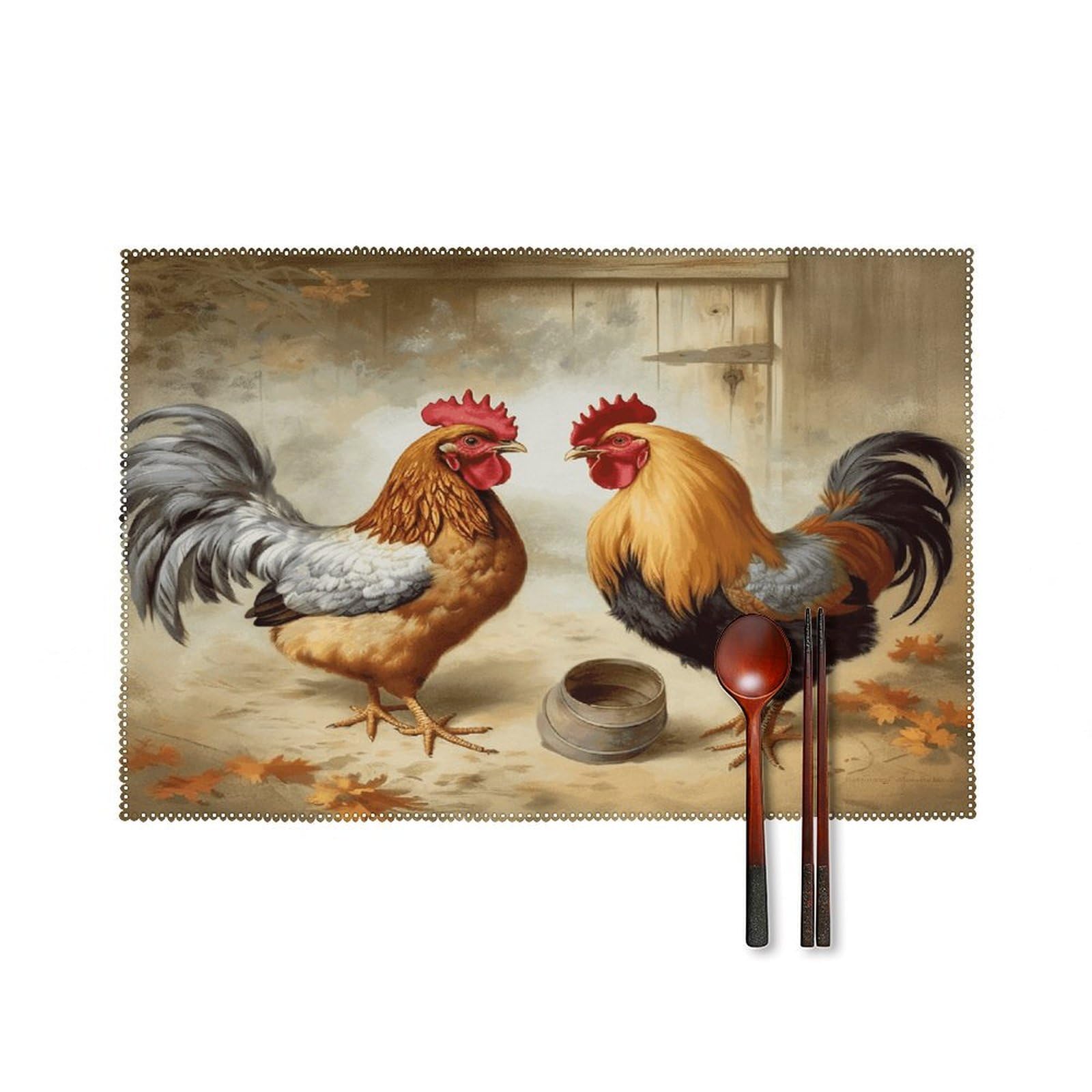 Chicken and Rooster Print Placemats Set of 6 Washable Heat Resistant Non-Slip Place Mats Easy Clean Table Protective Placemats Farmhouse Decorate Dining Table Mat for Kitchen 12X18In