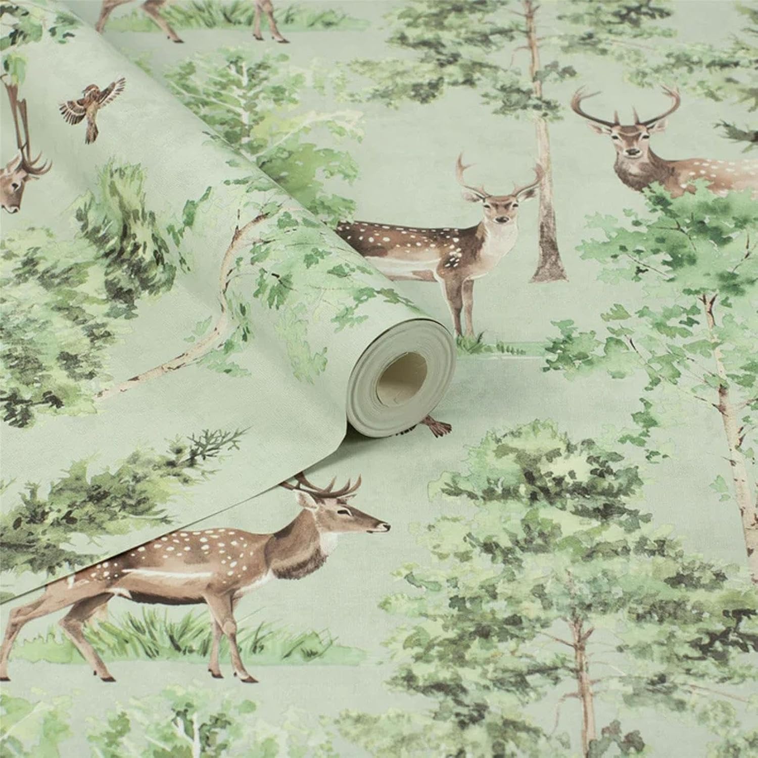 Arthouse Deer Forest Stunning Hand-Painted Style Watercolour Effect Wallpaper for Living Rooms Bedrooms Hallways Feature Walls Natural/Green (100215AH)