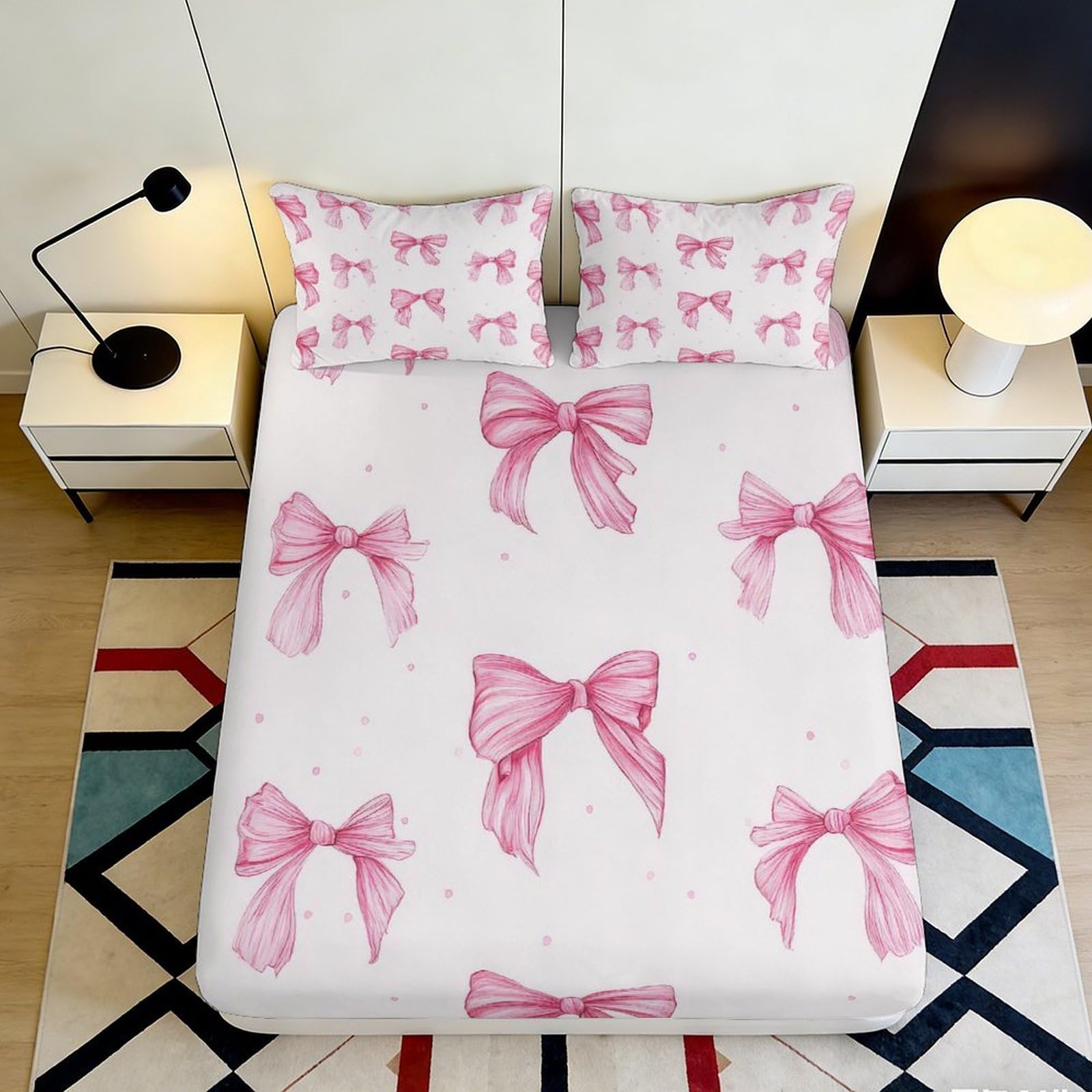 3D Printed Pink Bow Fitted Sheet Microfiber Soft Bedroom Decor Ribbon Pattern Mattress Cover Washable for Home Dorm 140x200x25cm