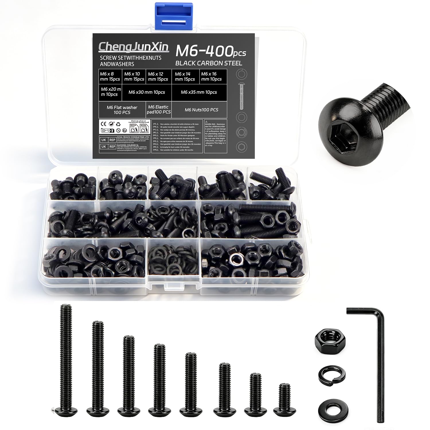 400Pcs M6 Bolts and Nuts Set,Hex Socket Button Head Cap Screws,Black