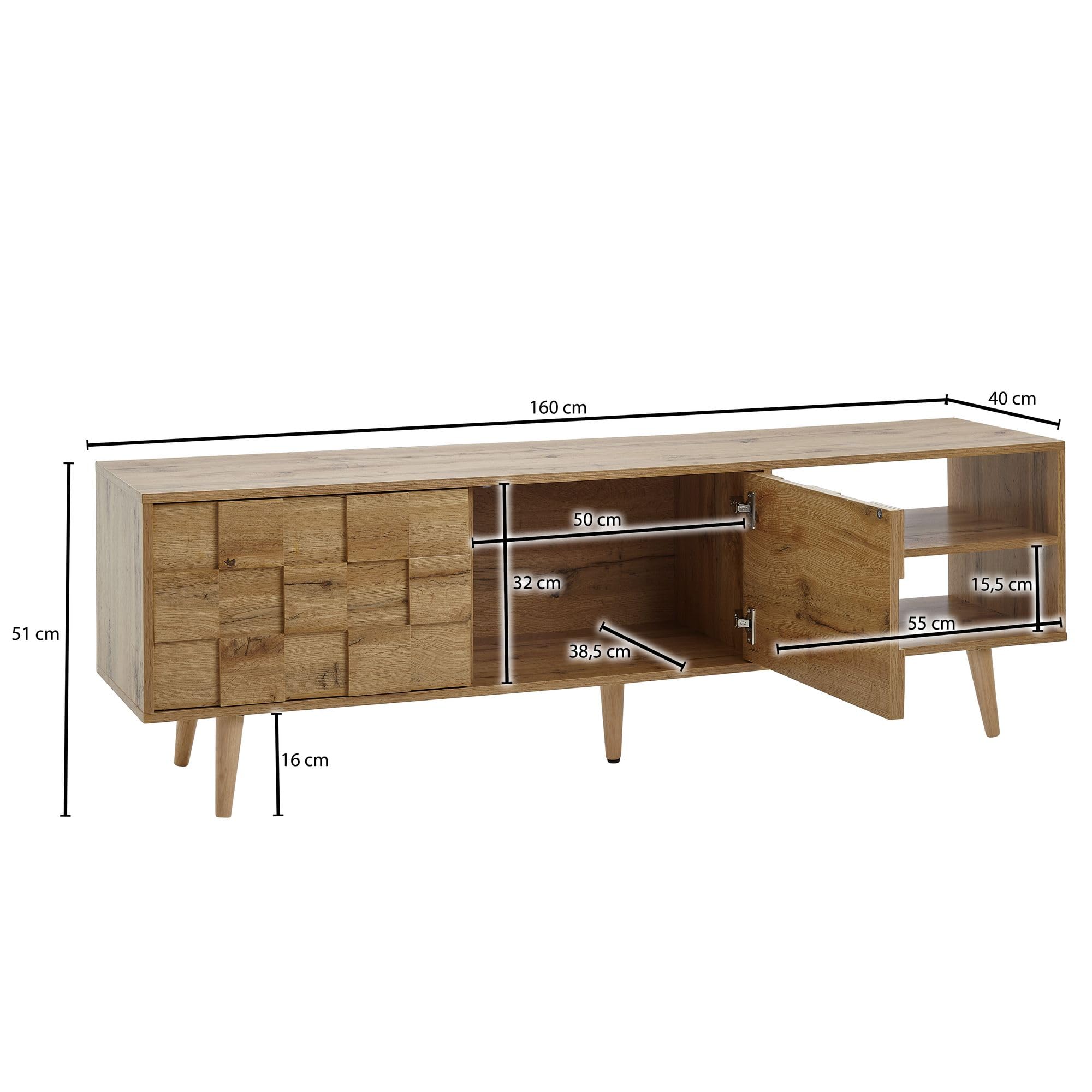 FineBuy Mobile TV 160x40x51 cm Effetto Rovere Marrone | mobile porta TV per TV fino a 70 pollici, tavolino porta TV con 2 ante, vano contenitore per decoder e console