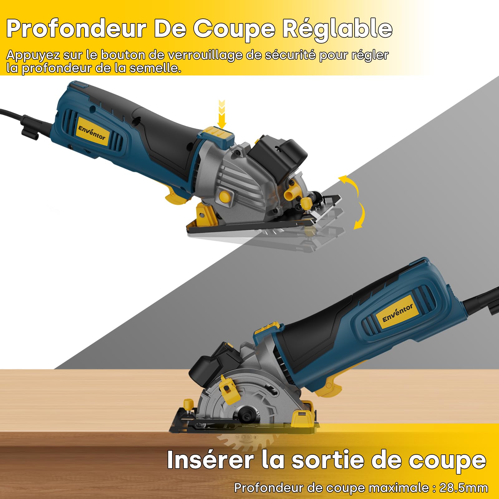 Enventor 600W Mini Scie Circulaire, Petite Scie Circulaire Portative avec échelle et Guide Laser, 5500RPM, Utilisation à une Main, 3 Lames de Scie, pour Bois, Carrelage, Plastique et Métaux fins